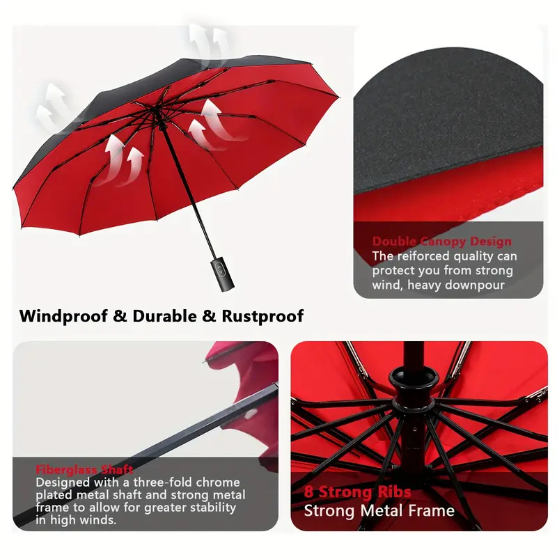 Windproof Travel Umbrella With Double Canopy, Auto Open/Close Function, Reinforced Fiberglass Frame – UPF 50+ Protection, Compact Folding Design, Water Resistant 210T Fabric – All-Weather Sun & Rain Outdoor Use