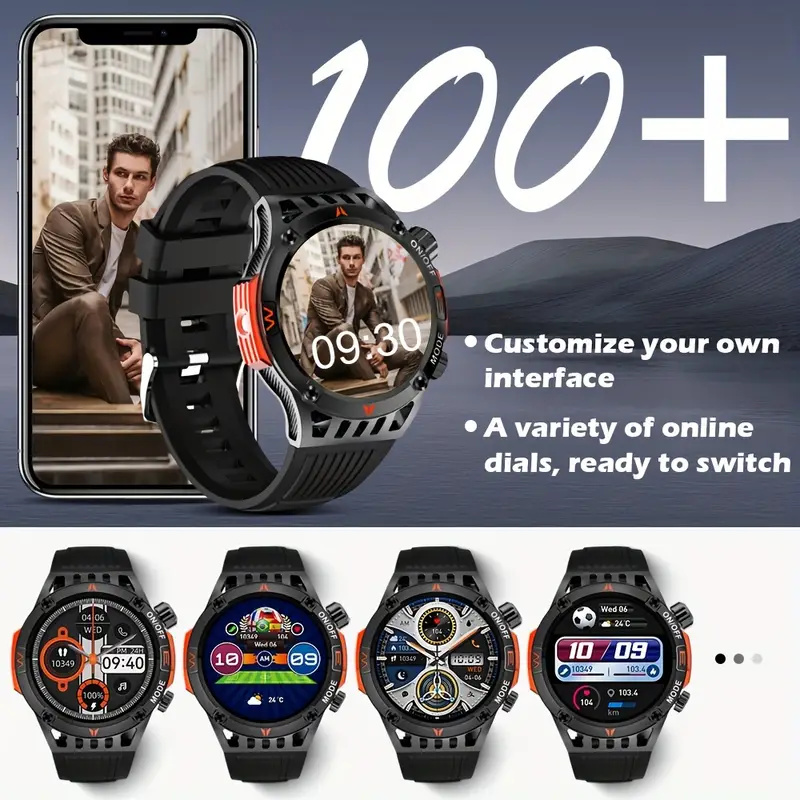 Smart watch, wireless answer and call, SOS outdoor watch, outdoor sports watch, LED light, IP68 waterproof, compass fitness tracker, pedometer, multimedia message display, suitable for Android, Apple, Samsung, mobile phones, men's and women's smart watche