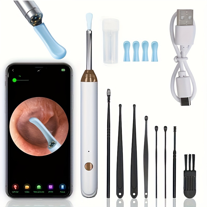 8-Piece Ear Wax Removal Kit with Camera, Light, and 6 Ear Spoons - Rechargeable Ear Cleaner with Lithium Battery, Formaldehyde-Free, Metal, Plastic, and Silicone Construction - Safe and Easy Earwax Removal Tool for Home Use