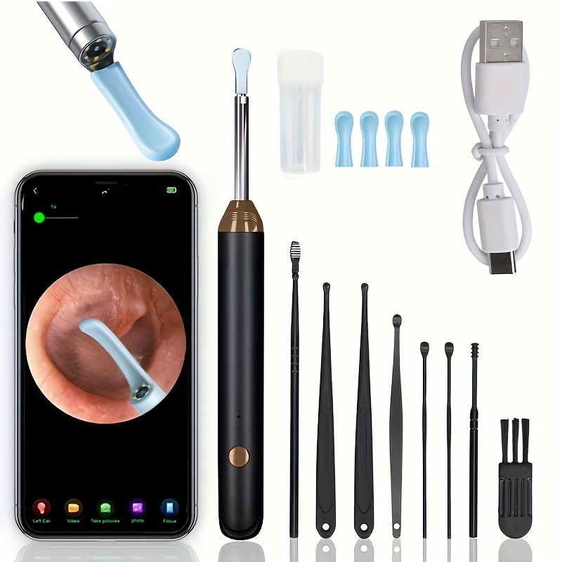 8-Piece Ear Wax Removal Kit with Camera, Light, and 6 Ear Spoons - Rechargeable Ear Cleaner with Lithium Battery, Formaldehyde-Free, Metal, Plastic, and Silicone Construction - Safe and Easy Earwax Removal Tool for Home Use