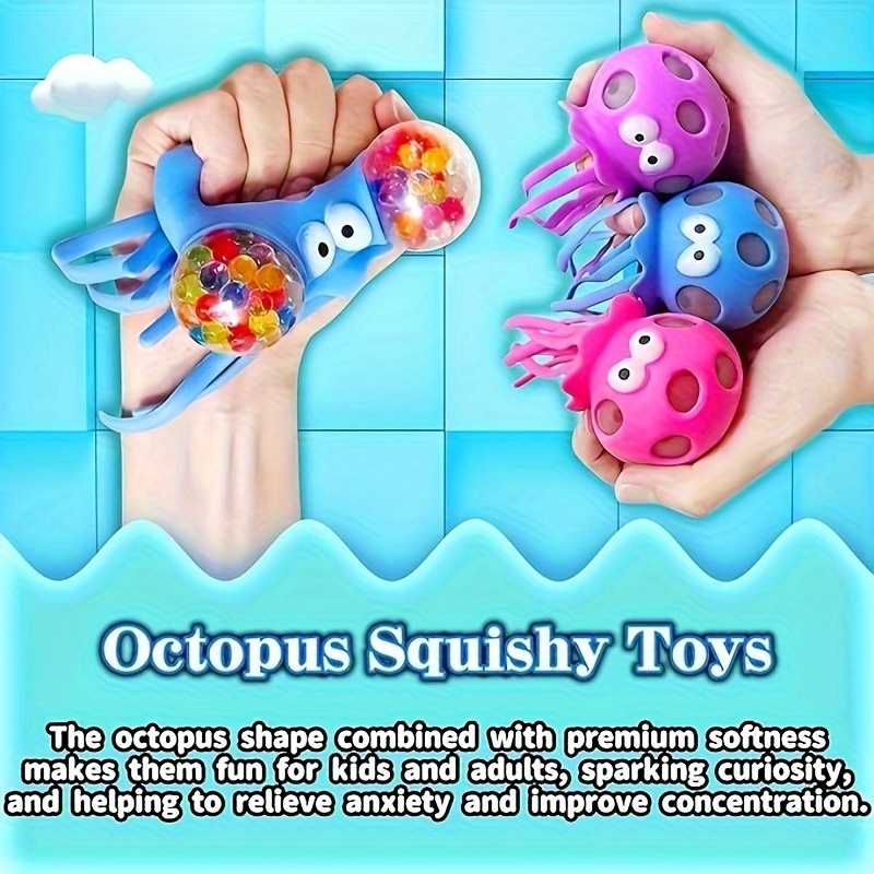 Soft & Cuddly Octopus Squishy Stress Ball - Relaxing Ocean Animal Squeeze Toy with Water Beads, Sensory Fidget Toy for Classroom Prizes, Calming Bath Toy for Kids and Adults