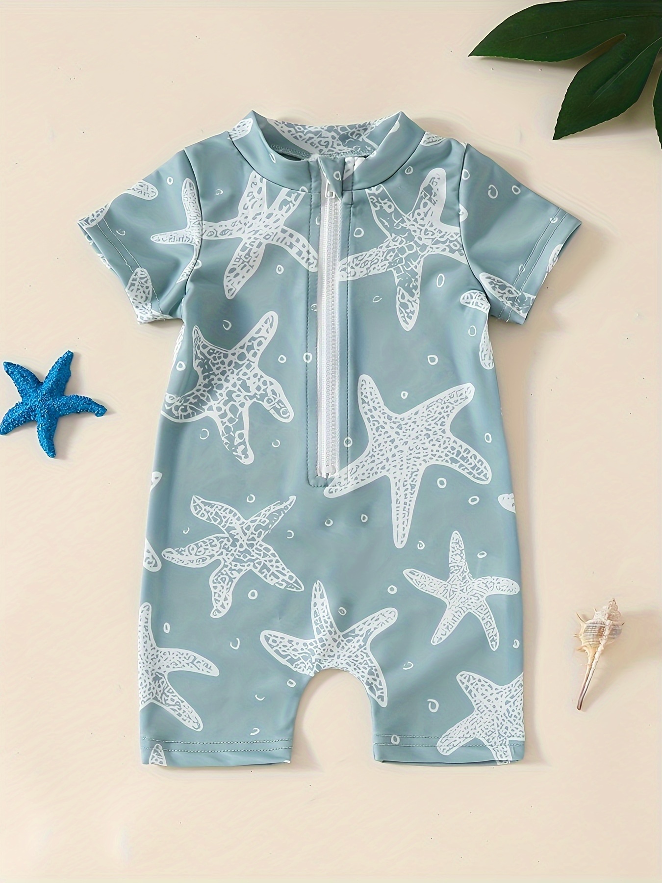 Adorable Infant Boys Starfish Print Zippered Swimsuit - Short Sleeve One-Piece, Cute Summer Beachwear, Sun-safe & Comfortable for Little Adventurers