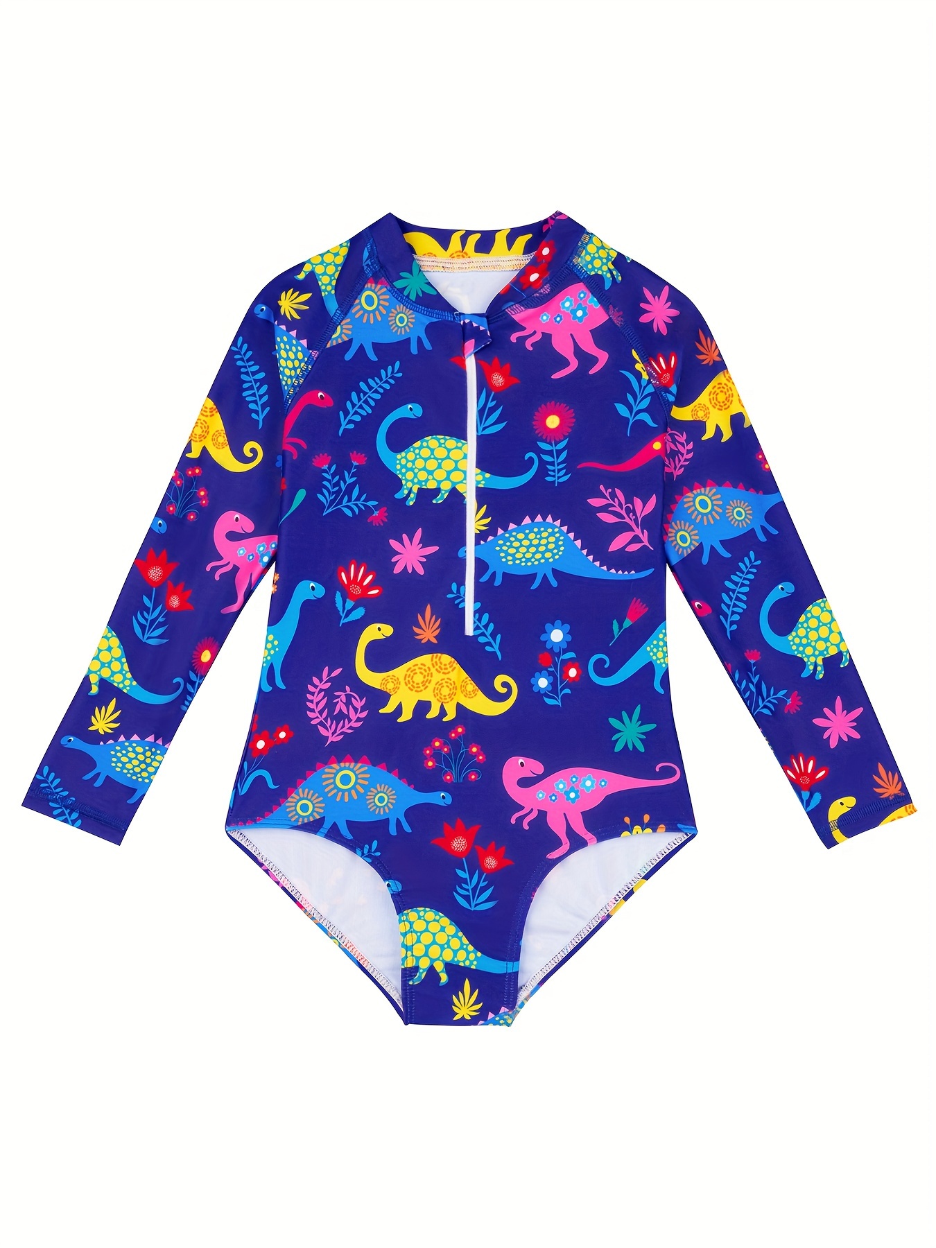 Girls Adorable Dinosaur Print Long Sleeve Rash Guard Swimsuit - UV Protected Pool & Beachwear for Fun Holiday Adventures