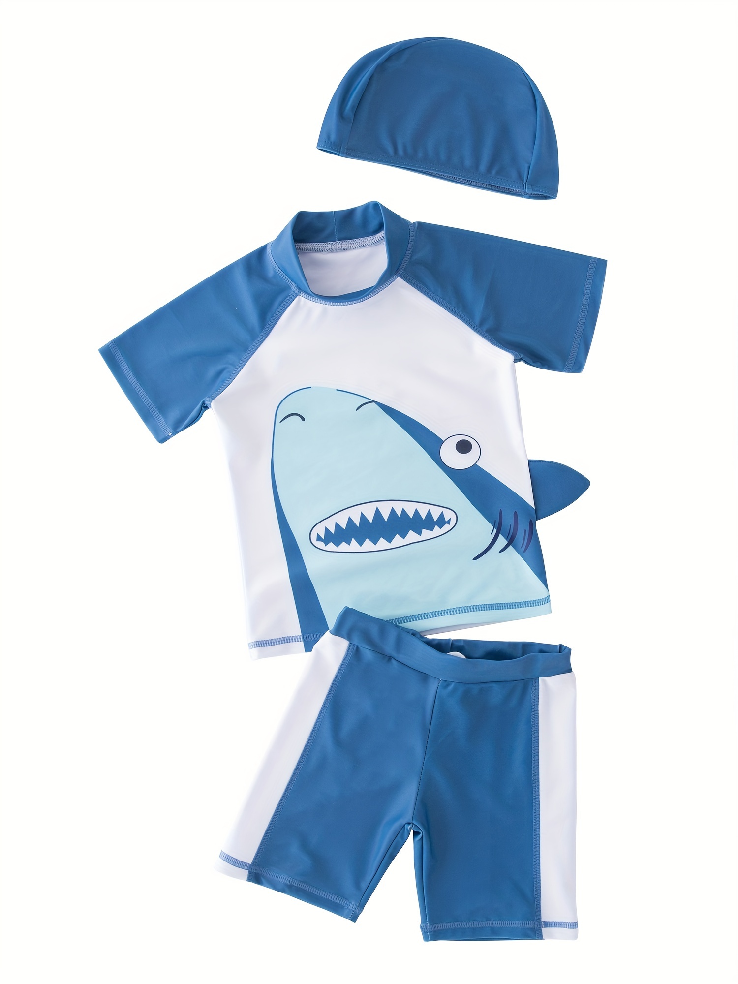 2pcs Fun Shark Pattern Swimsuit Set - Comfortable T-shirt, Quick-Drying Swim Trunks, Adjustable Swim Cap, Stretchy Surfing Suit for Active Boys - Perfect for Summer Beach Vacation and Water Sports