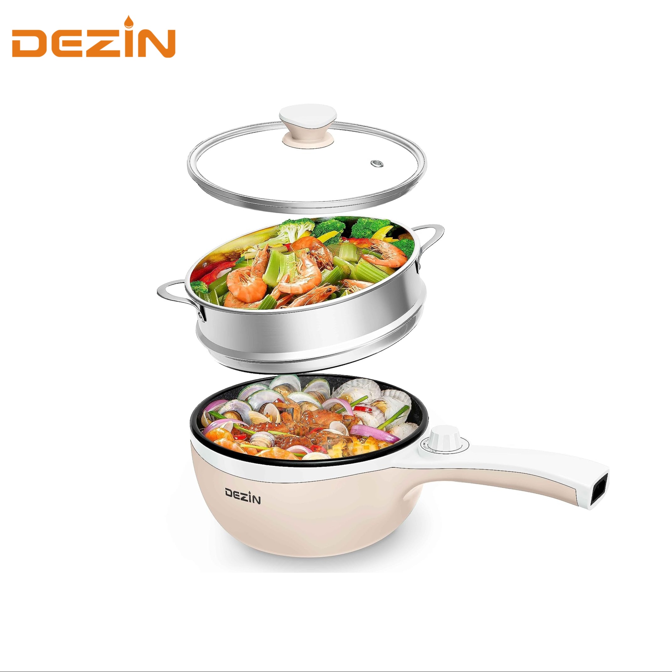 Dezin Hot Pot Electric Upgraded, Non-Stick Sauté Pan, Rapid Noodles Electric Pot, 1.5L Mini Portable Hot Pot for Steak, Egg, Fried Rice, Ramen, Oatmeal, Soup with Power Adjustment (Egg Rack Included)