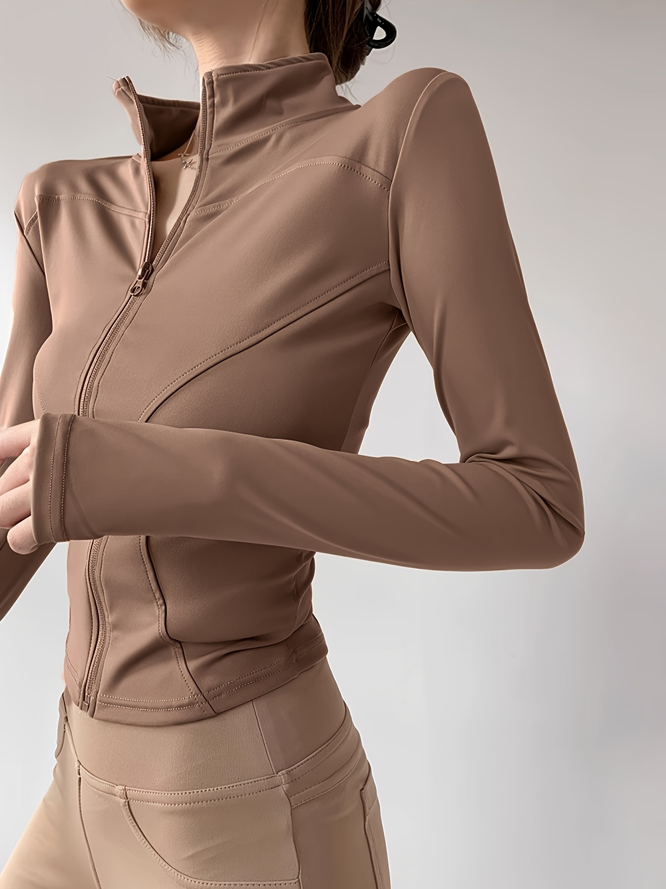 Womens Slim Fit Jacket - Streamlined Silhouette with Elegant Stand-Up Collar, Full-Length Sleeves, and Convenient Zip-Up Closure - Ideal for Active Lifestyle, Fitness, and Yoga Enthusiasts, Versatile Solid Color Design for Everyday Wear, Water-Resistant a