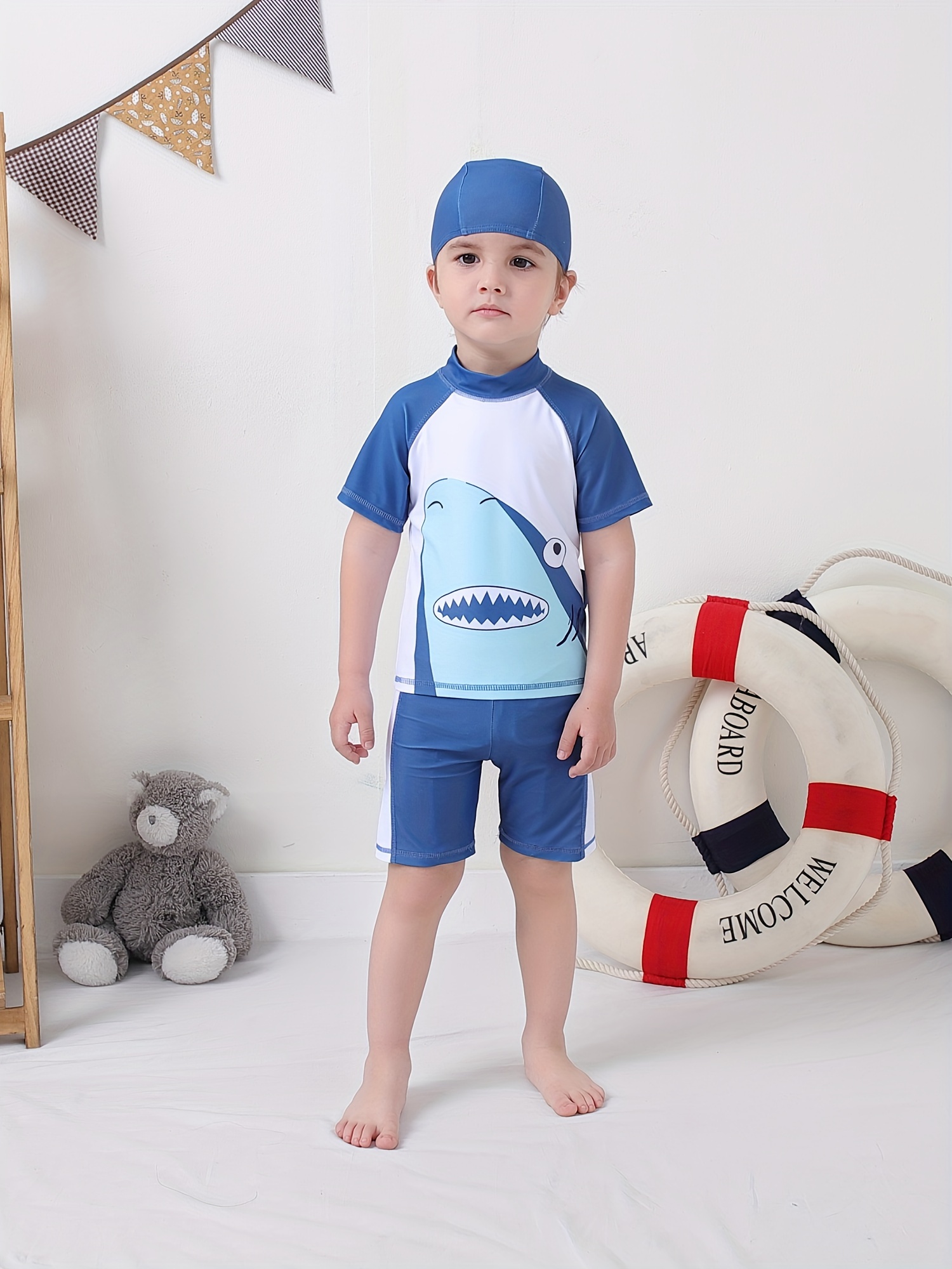 2pcs Fun Shark Pattern Swimsuit Set - Comfortable T-shirt, Quick-Drying Swim Trunks, Adjustable Swim Cap, Stretchy Surfing Suit for Active Boys - Perfect for Summer Beach Vacation and Water Sports