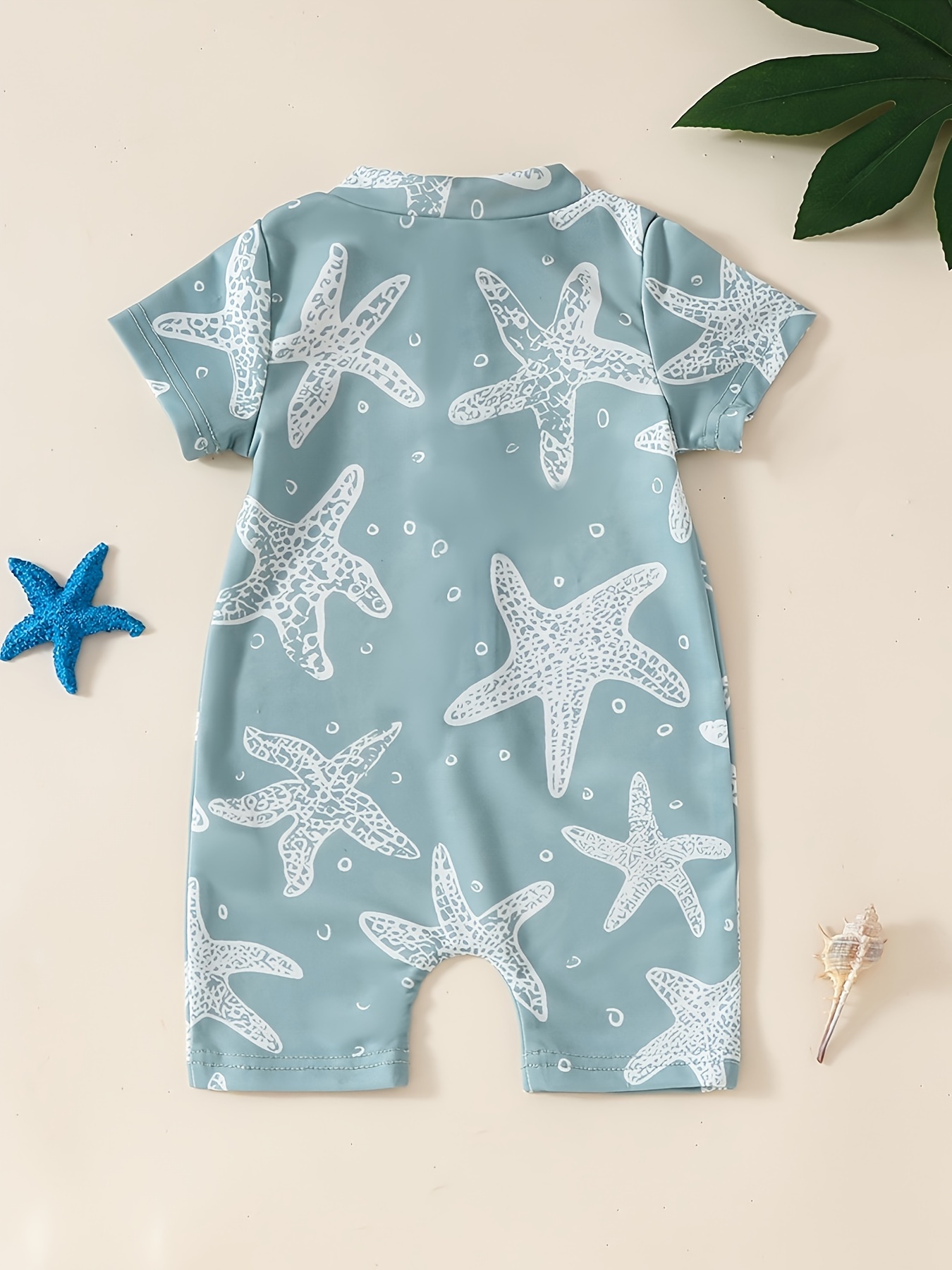 Adorable Infant Boys Starfish Print Zippered Swimsuit - Short Sleeve One-Piece, Cute Summer Beachwear, Sun-safe & Comfortable for Little Adventurers