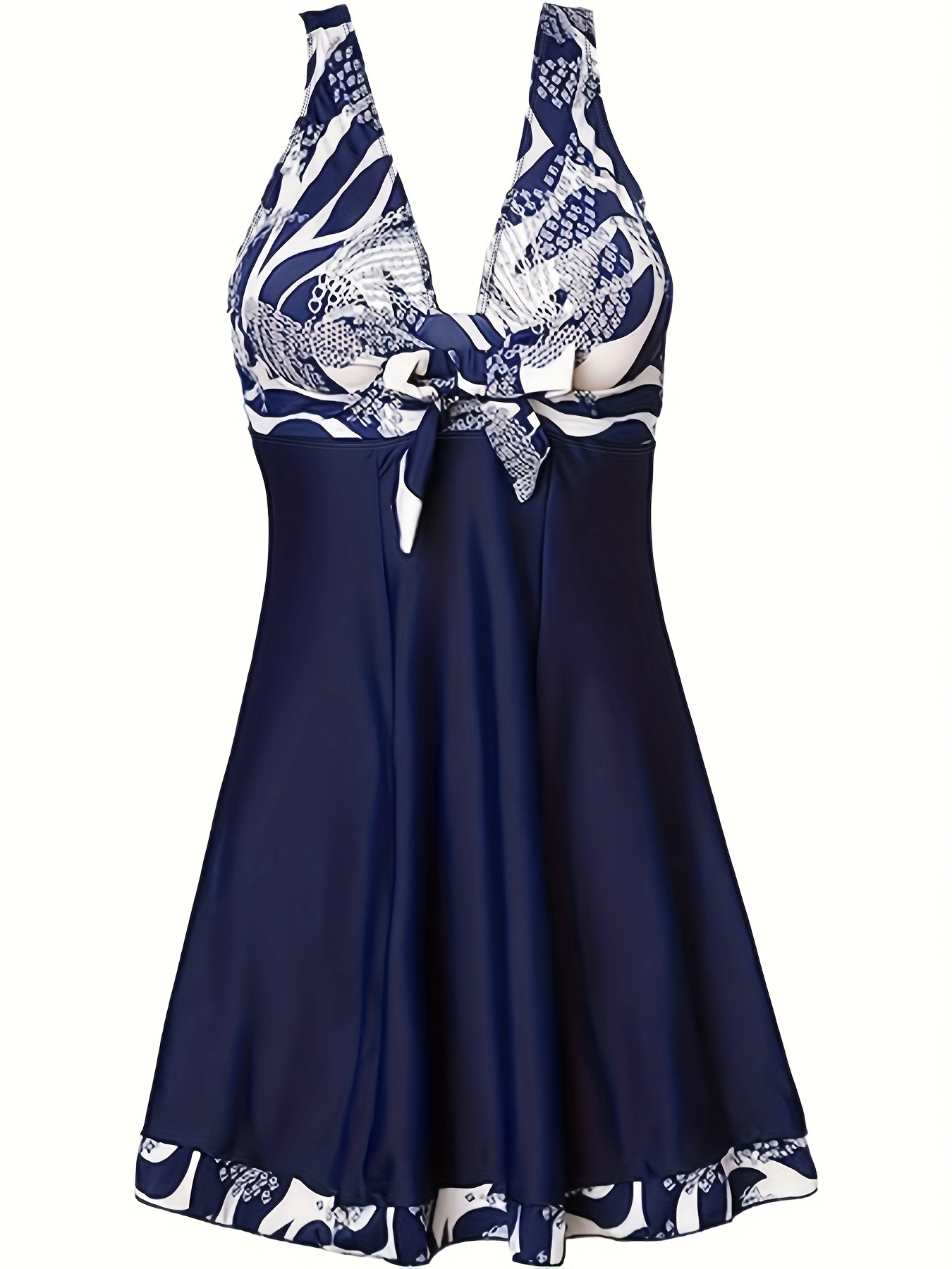 Random Printed Bowknot V Neck One-piece Swimsuit, Navy Blue High Stretch Swim Dress Bathing Suits, Women's Swimwear & Clothing