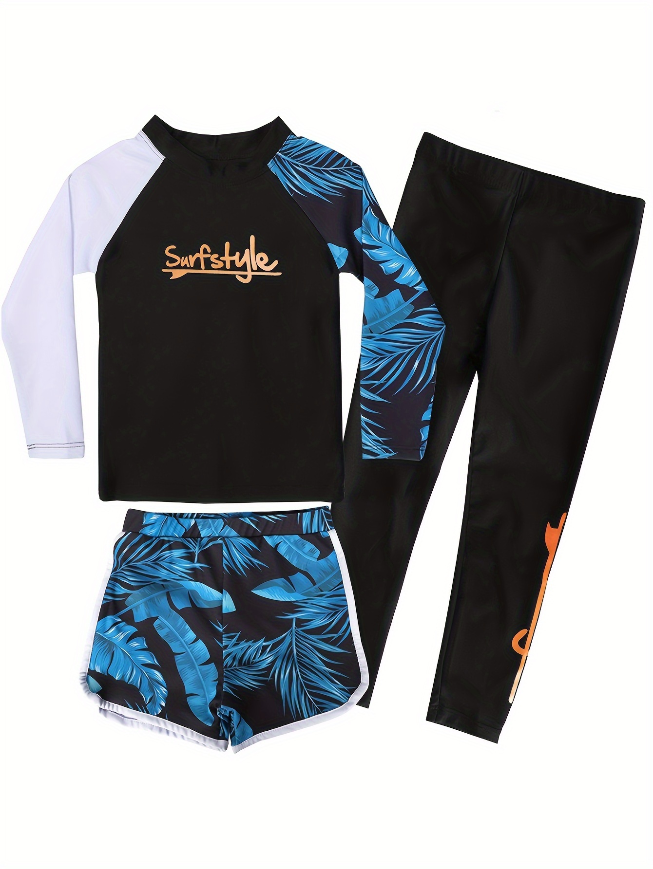 3-Piece Boys Tropical Plant Pattern Rash Guard Set - Quick-Dry, Sun Protective, High Stretch, Skinny Fit, Crew Neck, Polyester Swimwear with Swim Shorts and Pants - Random Print Design for Casual Beachwear