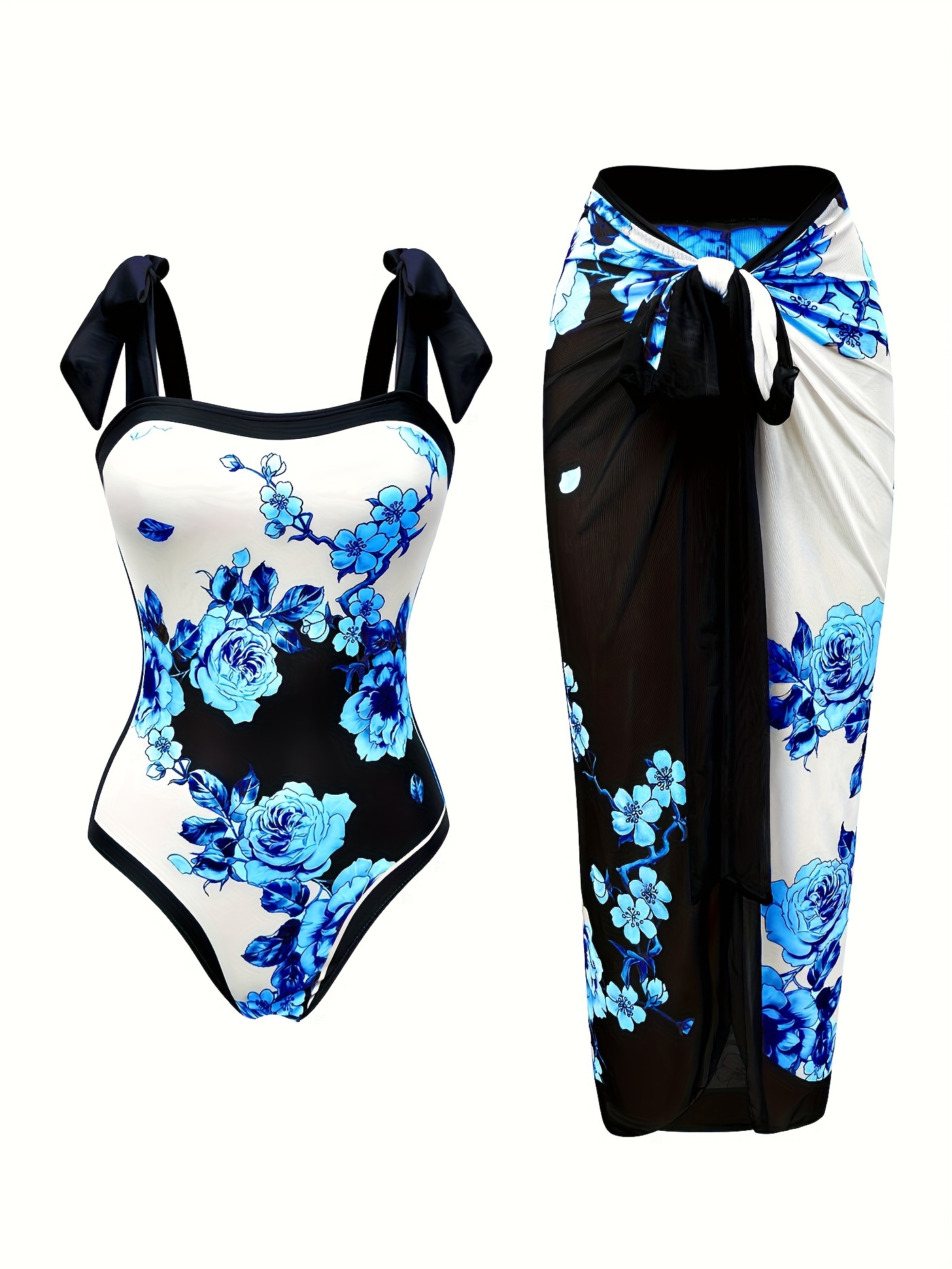 Women's 2-Piece Swimsuit Set - Chic Floral Pattern, Adjustable Bow-Tie Shoulders, Matching Cover-Up Skirt - Perfect for Beach & Poolside