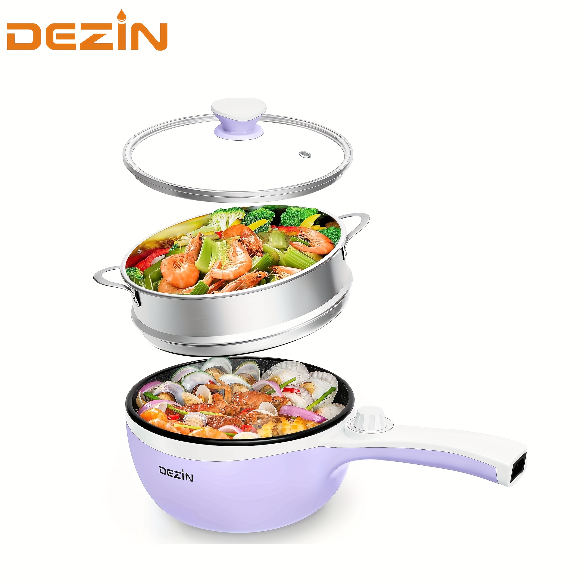 Dezin Hot Pot Electric Upgraded, Non-Stick Sauté Pan, Rapid Noodles Electric Pot, 1.5L Mini Portable Hot Pot for Steak, Egg, Fried Rice, Ramen, Oatmeal, Soup with Power Adjustment (Egg Rack Included)