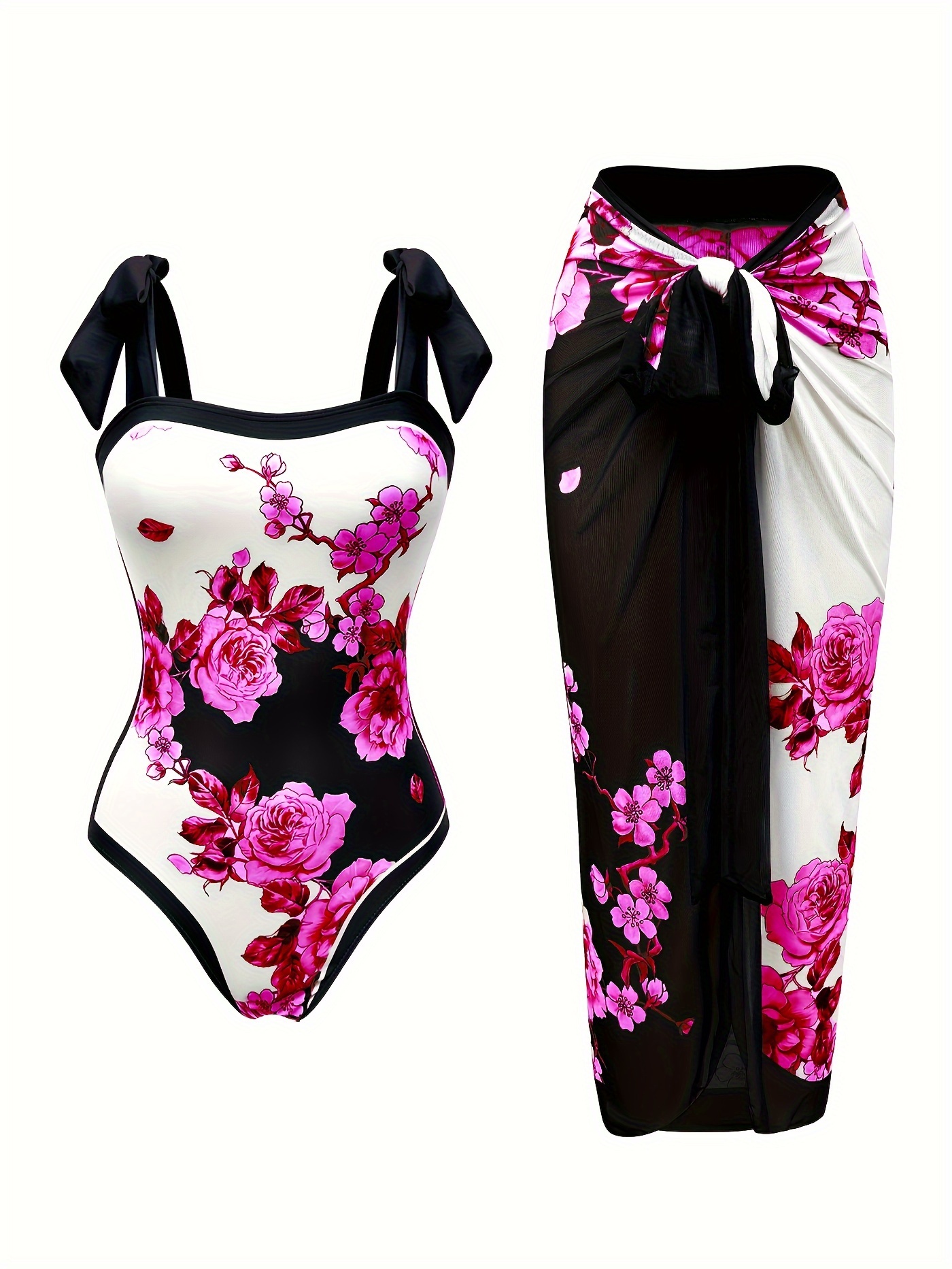 Women's 2-Piece Swimsuit Set - Chic Floral Pattern, Adjustable Bow-Tie Shoulders, Matching Cover-Up Skirt - Perfect for Beach & Poolside