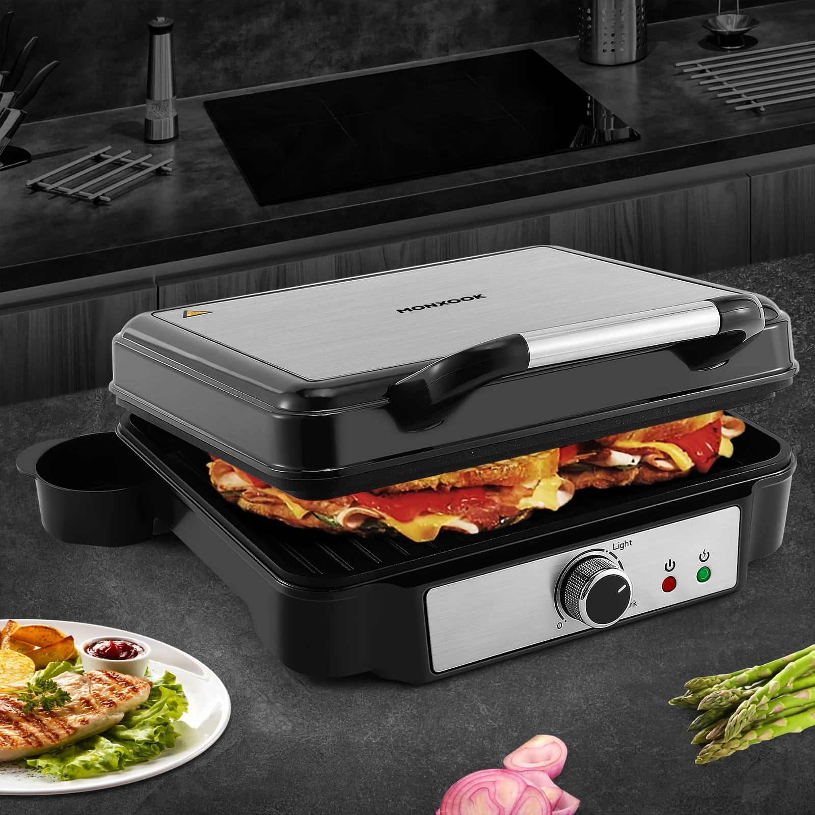 4-Slice Panini Press Grill Maker with Temperature Control - 180° Opening, Non-Stick Coated Plates, Removable Drip Tray, 1400W Power, Stainless Steel Construction - US Plug, 110-130V, Easy Cleaning Design