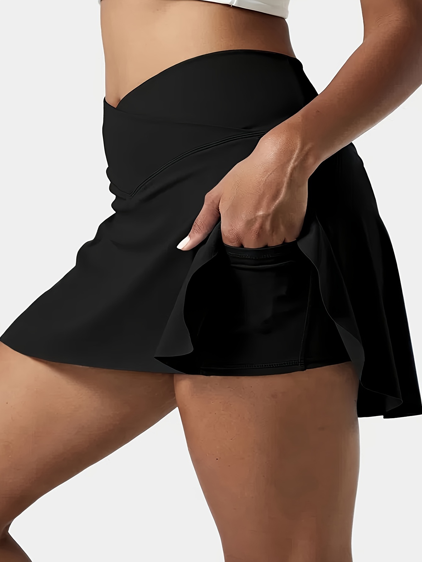 Womens Chic Criss Cross Waist Pocket Yoga Tennis Skort - High Stretch, Solid Color Activewear for Style & Function