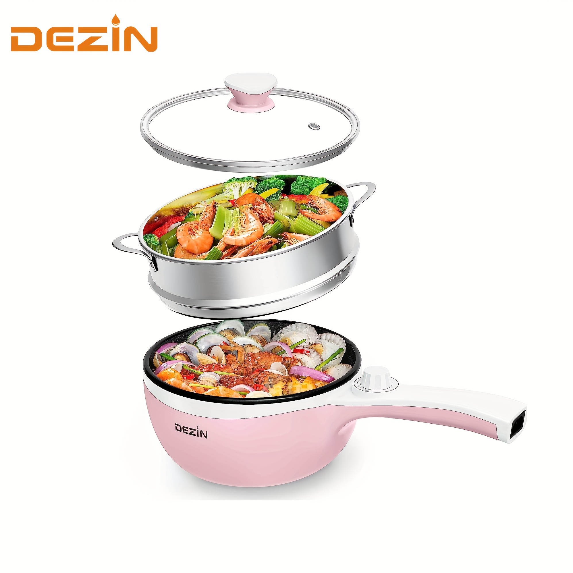 Dezin Hot Pot Electric Upgraded, Non-Stick Sauté Pan, Rapid Noodles Electric Pot, 1.5L Mini Portable Hot Pot for Steak, Egg, Fried Rice, Ramen, Oatmeal, Soup with Power Adjustment (Egg Rack Included)