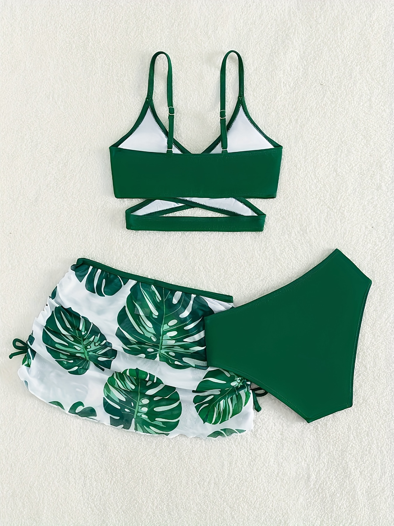 Three-Piece Womens Vacay Swimwear Set - High Cut V-Neck Cross Strap Bikini with Leaf Print, High Stretch Polyamide Fabric, Knit Cover Up Skirt for Summer Beachwear