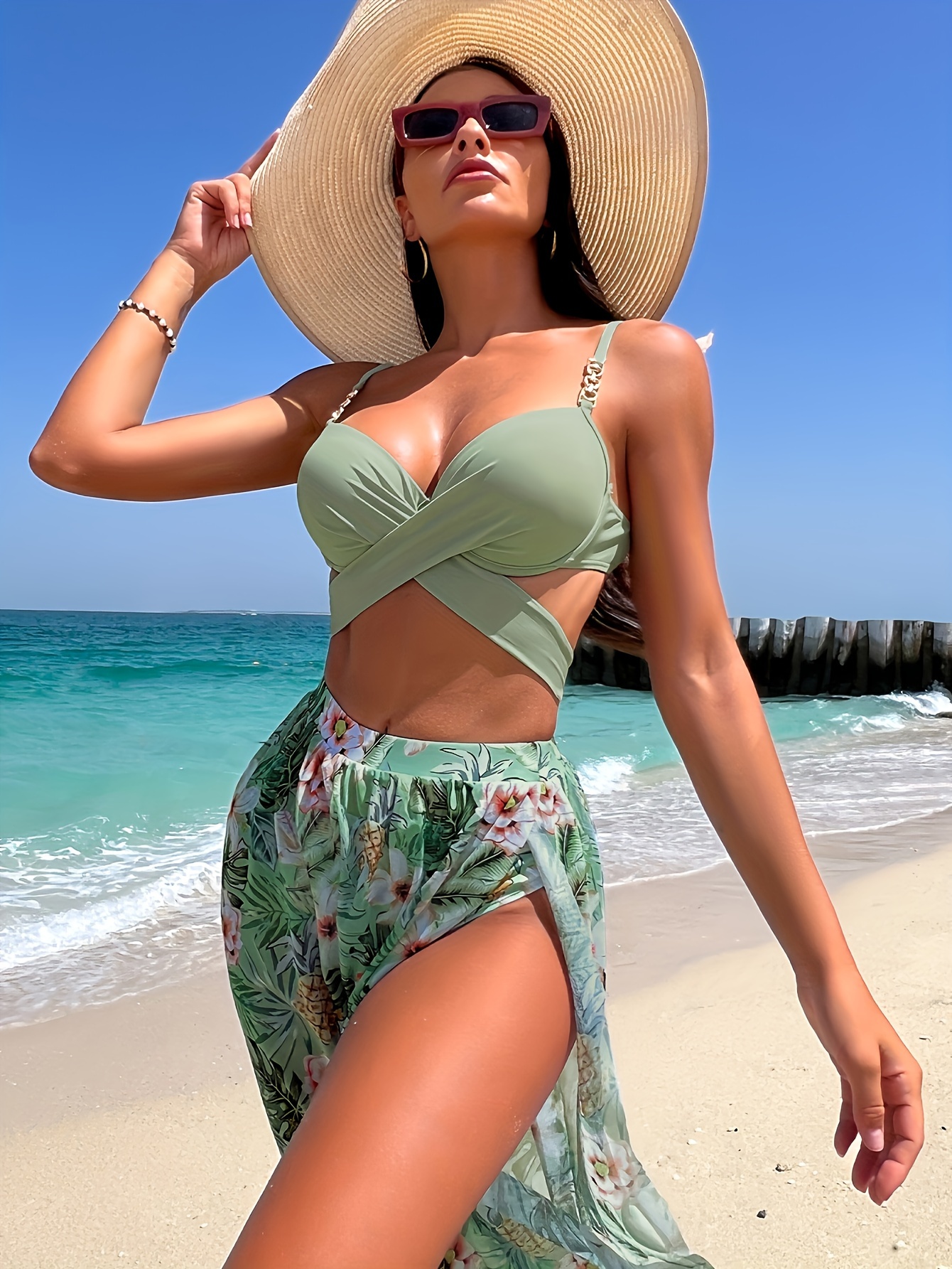 Flattering Tropical Print - Stretchy Green 3 Piece Swimsuit Set for Women - Criss Cross Tie Back Push Up Bikini with Seductive Split Thigh Cover Up - Fashionable Swimwear & Beach Clothing