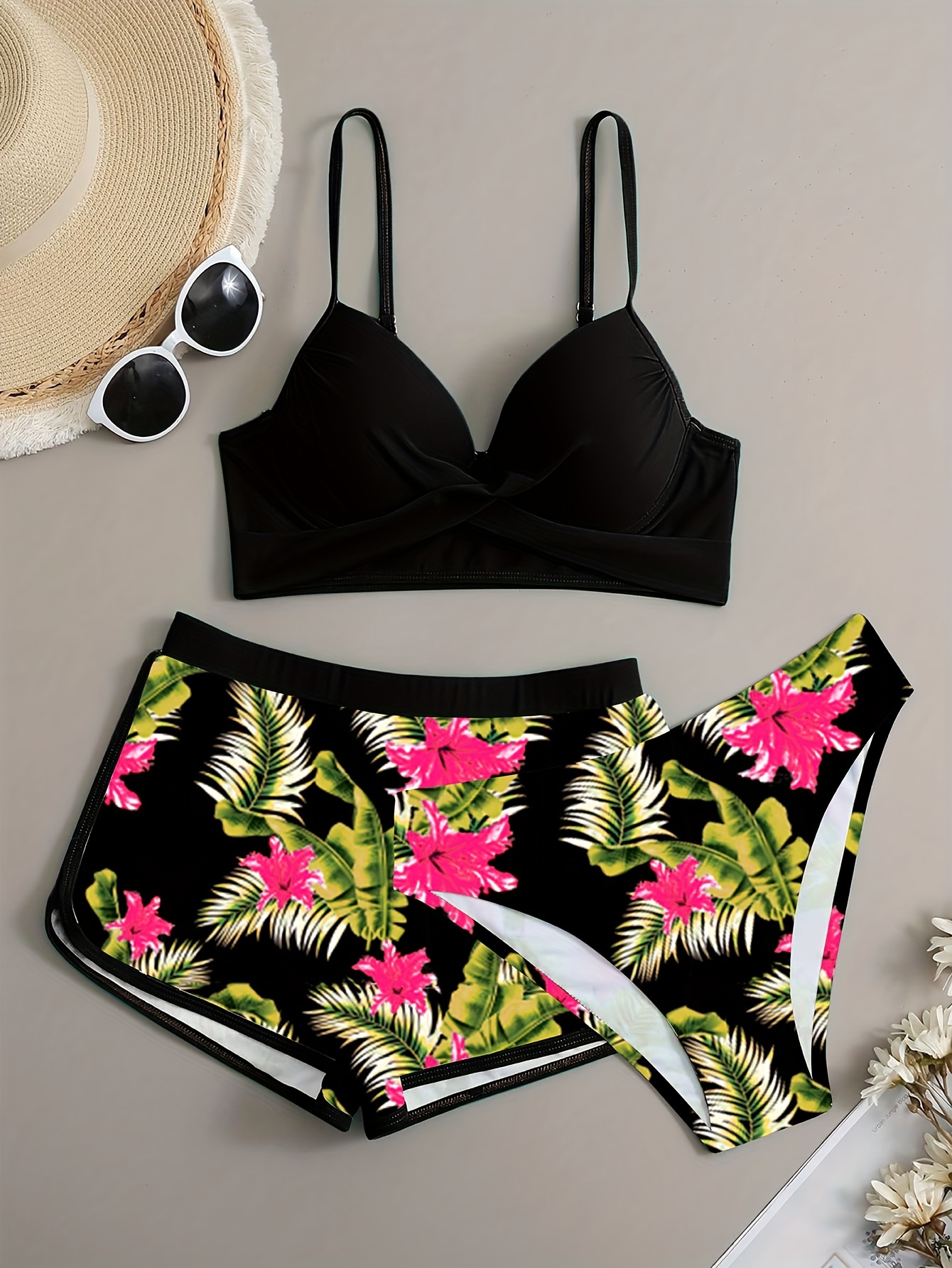 3 Piece Floral Leaf Print Stretchy Swimsuit Set - V-Neck Cross Strap Push Up Bikini with Boxer Shorts - High Stretch Polyester and Nylon Fabric, Machine Washable, Random Print, Knit Fabric, Comfortable Womens Swimwear for Summer