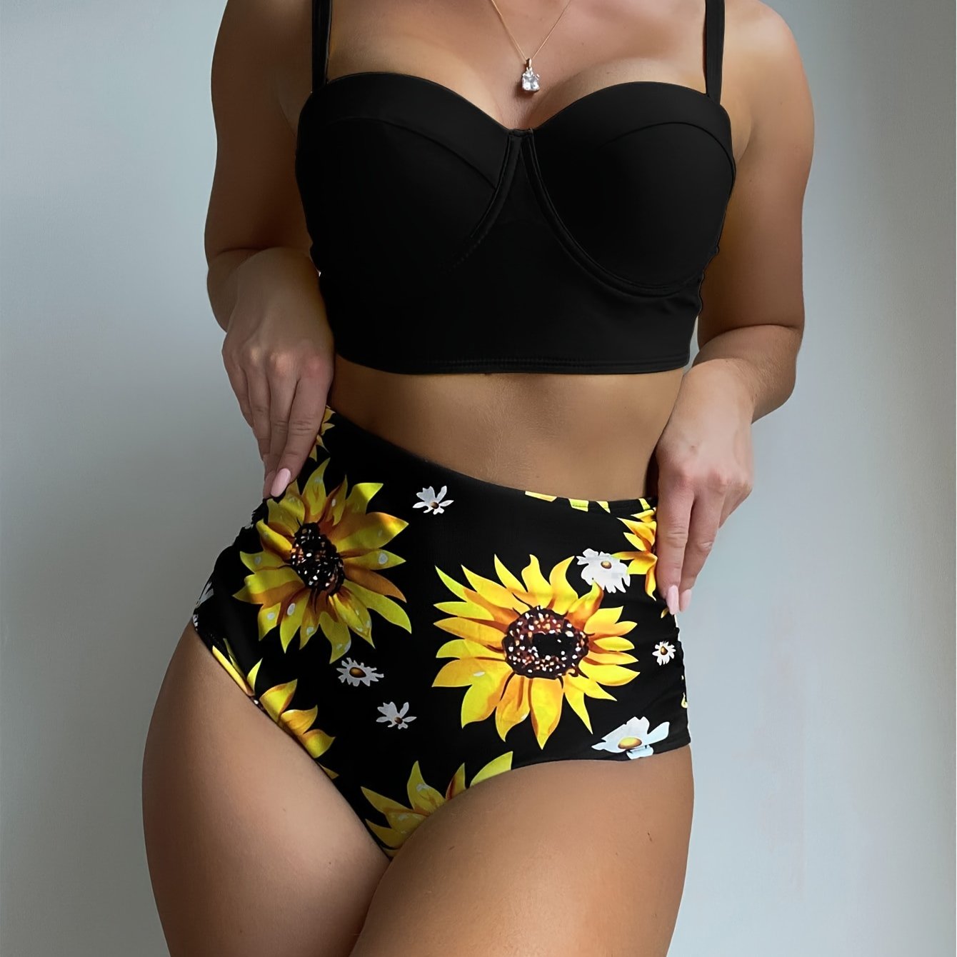 2 Piece Sunflower Print High Waisted Shorts Bikini Set - Stretchy, Spaghetti Strap, Cross Strape, Sleeveless, High Stretch Polyester Swimsuits for Women - Stylish, Comfortable, and Floral Patterned Swimwear for Swimming