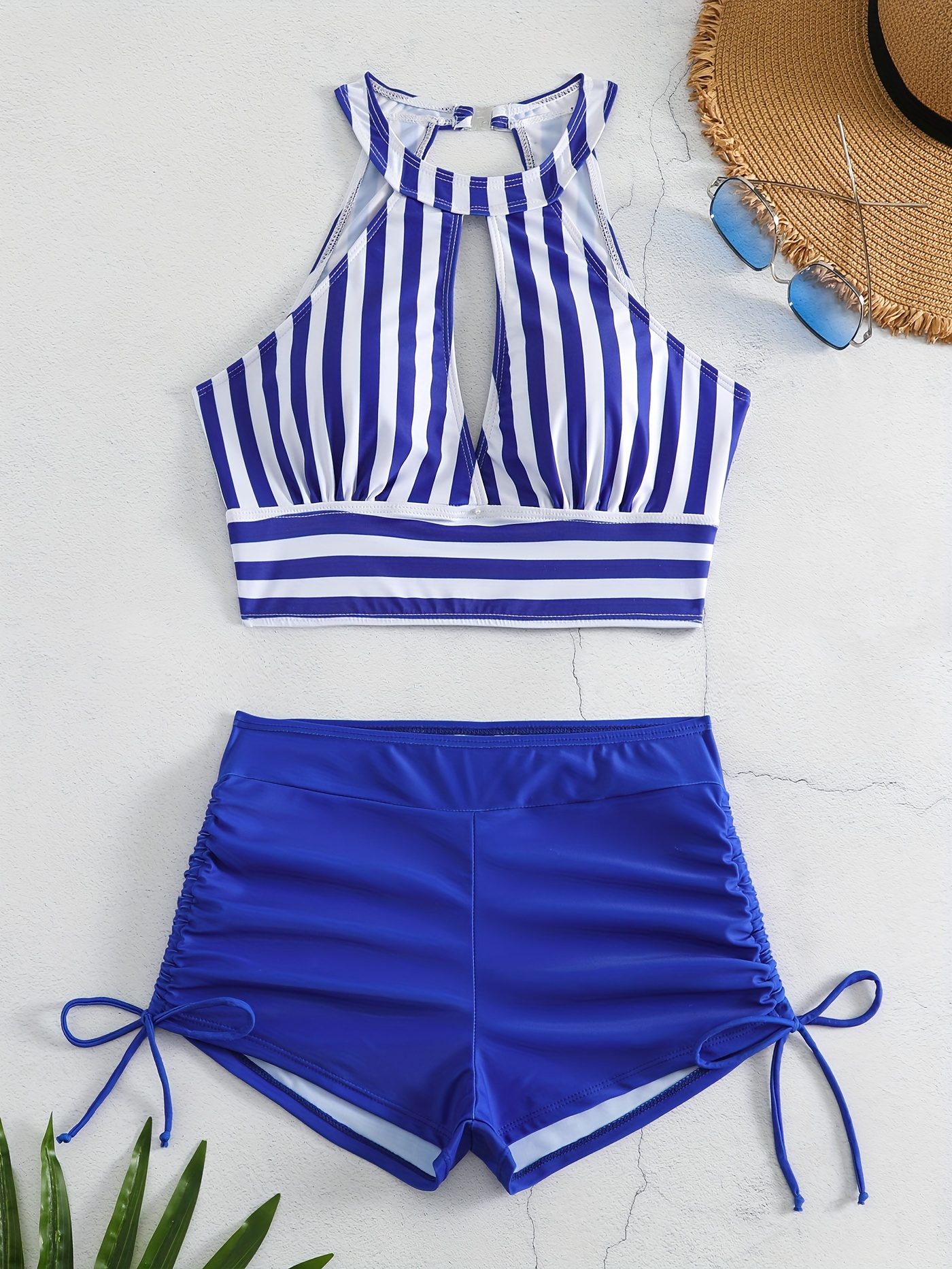 Striped Print 2 Piece Set Tankini, Hollow Out Drawstring Tie Side With Shorts Swimsuits, Women's Swimwear & Clothing