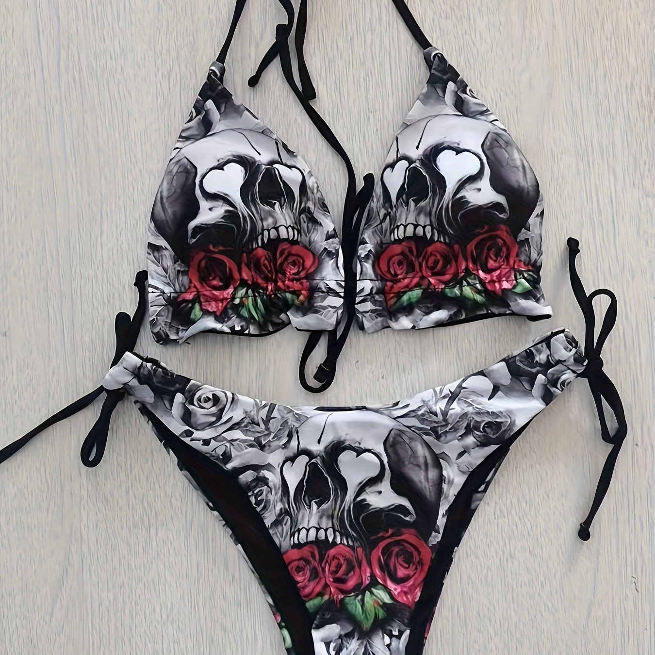 Gothic Skull Floral Bikini Set - High Stretch Halter Swimsuit with Adjustable Straps - Halloween, Carnaval & Music Festival Swimwear for Women - Triangle Top for Valentines Day Style