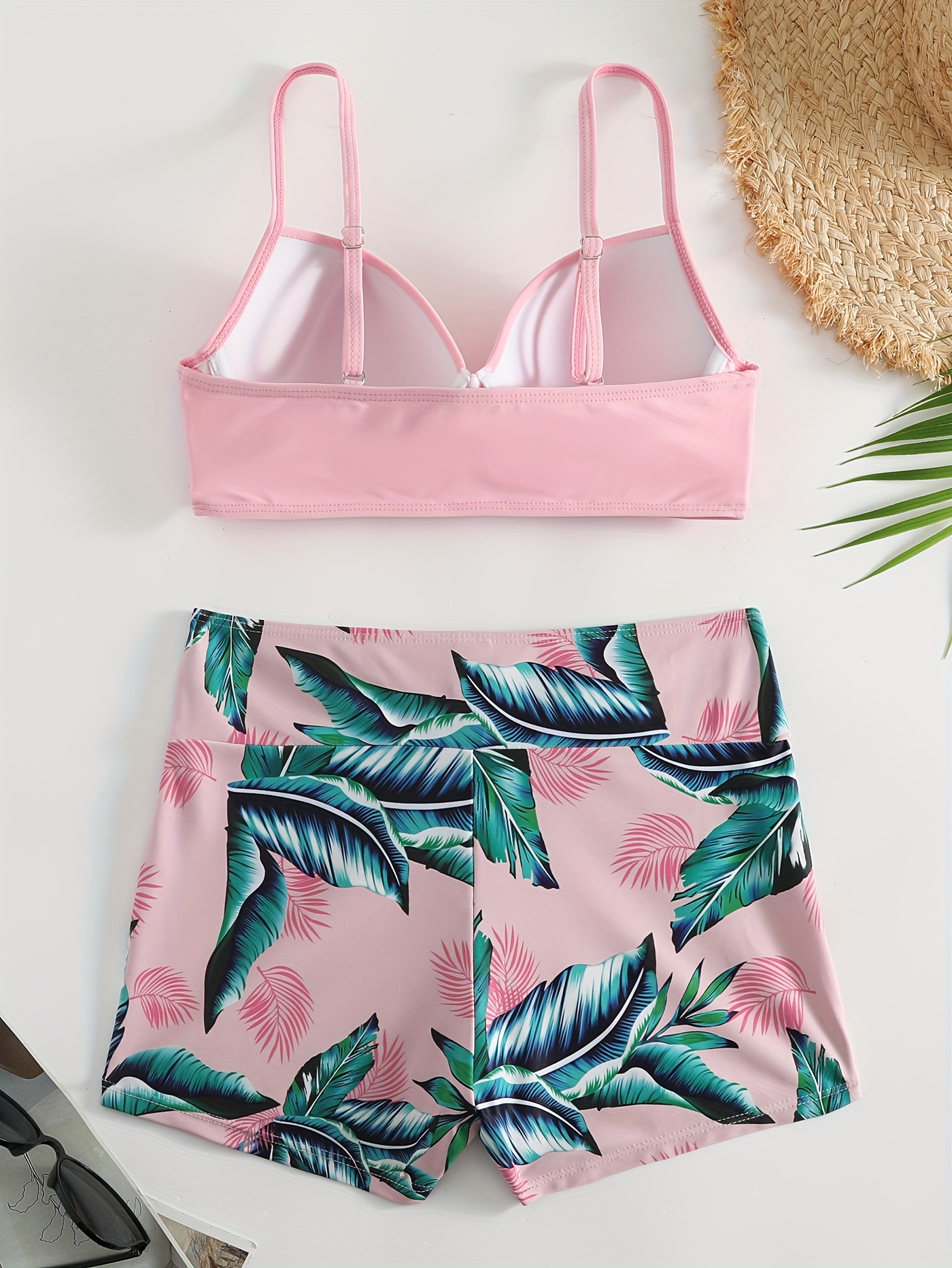 2 Piece Leaf Print High Waisted Drawstring Bikini Set - Stretchy, Strapless, Short Shorts, Polyester Elastane Fabric, Random Floral Pattern, Customized Swimwear for Women - Perfect for Swimming