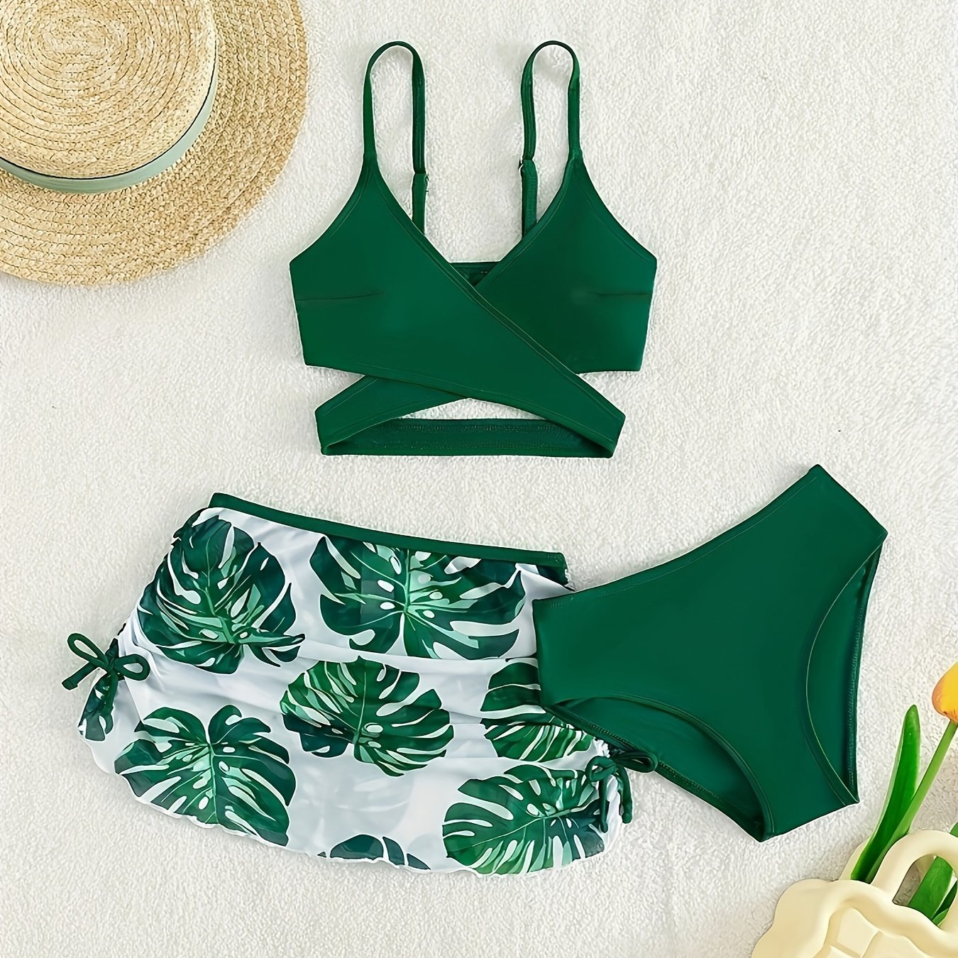 Three-Piece Womens Vacay Swimwear Set - High Cut V-Neck Cross Strap Bikini with Leaf Print, High Stretch Polyamide Fabric, Knit Cover Up Skirt for Summer Beachwear