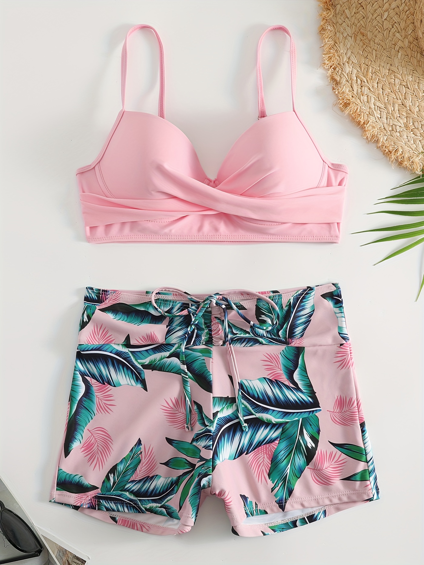 2 Piece Leaf Print High Waisted Drawstring Bikini Set - Stretchy, Strapless, Short Shorts, Polyester Elastane Fabric, Random Floral Pattern, Customized Swimwear for Women - Perfect for Swimming