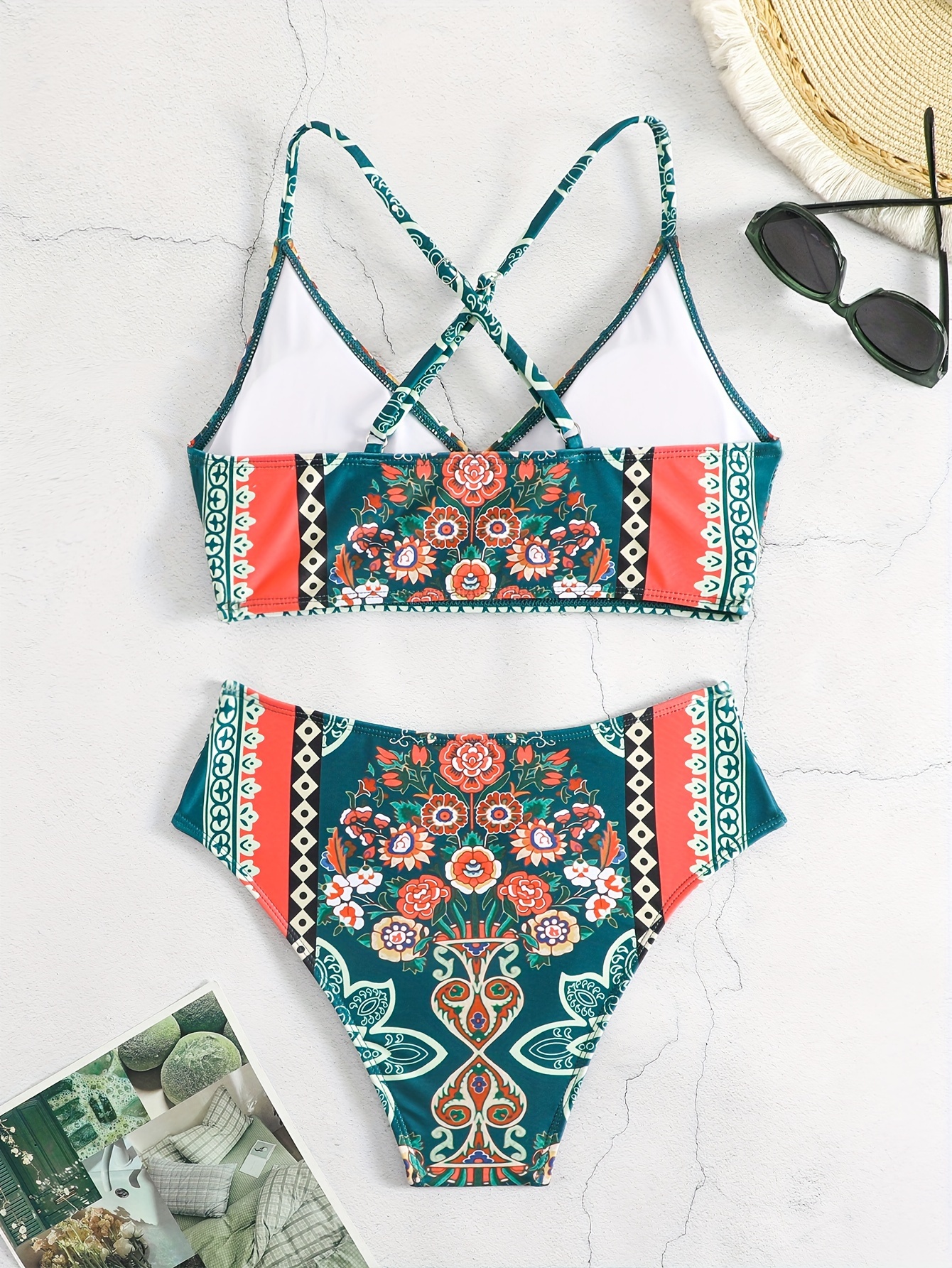 2-Piece Bohemian Chic Floral Print High Cut Bikini Set - Stretchy Polyester Fabric, Crisscross Neck, Cross Straps, Sleeveless, Conventional Bottom, Random Printing, Customized Style - Perfect for Beach Vacation and Swimming