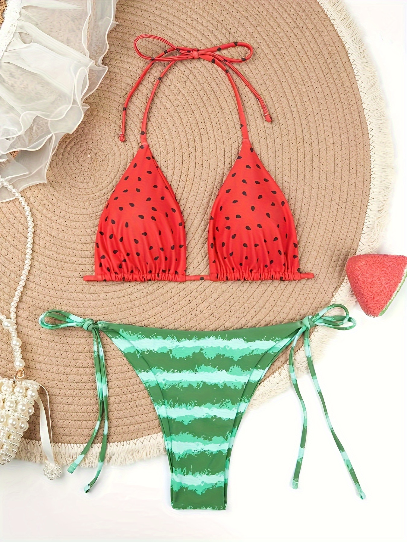 Watermelon Print Flirty Bikini Set - Halter V Neck, Adjustable Triangle Cups, High Waist & Sexy Cut - 2 Piece Womens Swimwear for Sun-Soaked Style