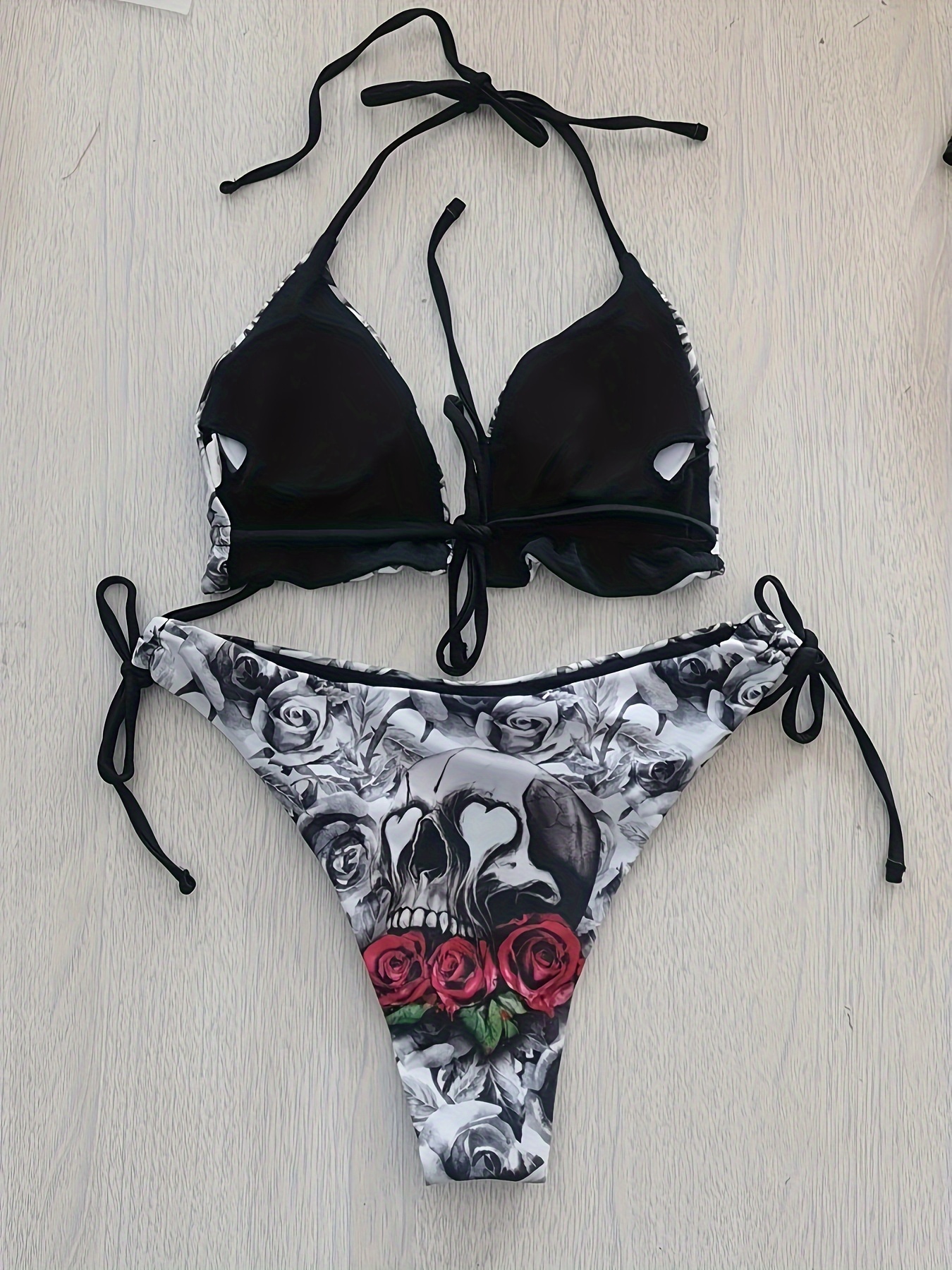 Gothic Skull Floral Bikini Set - High Stretch Halter Swimsuit with Adjustable Straps - Halloween, Carnaval & Music Festival Swimwear for Women - Triangle Top for Valentines Day Style