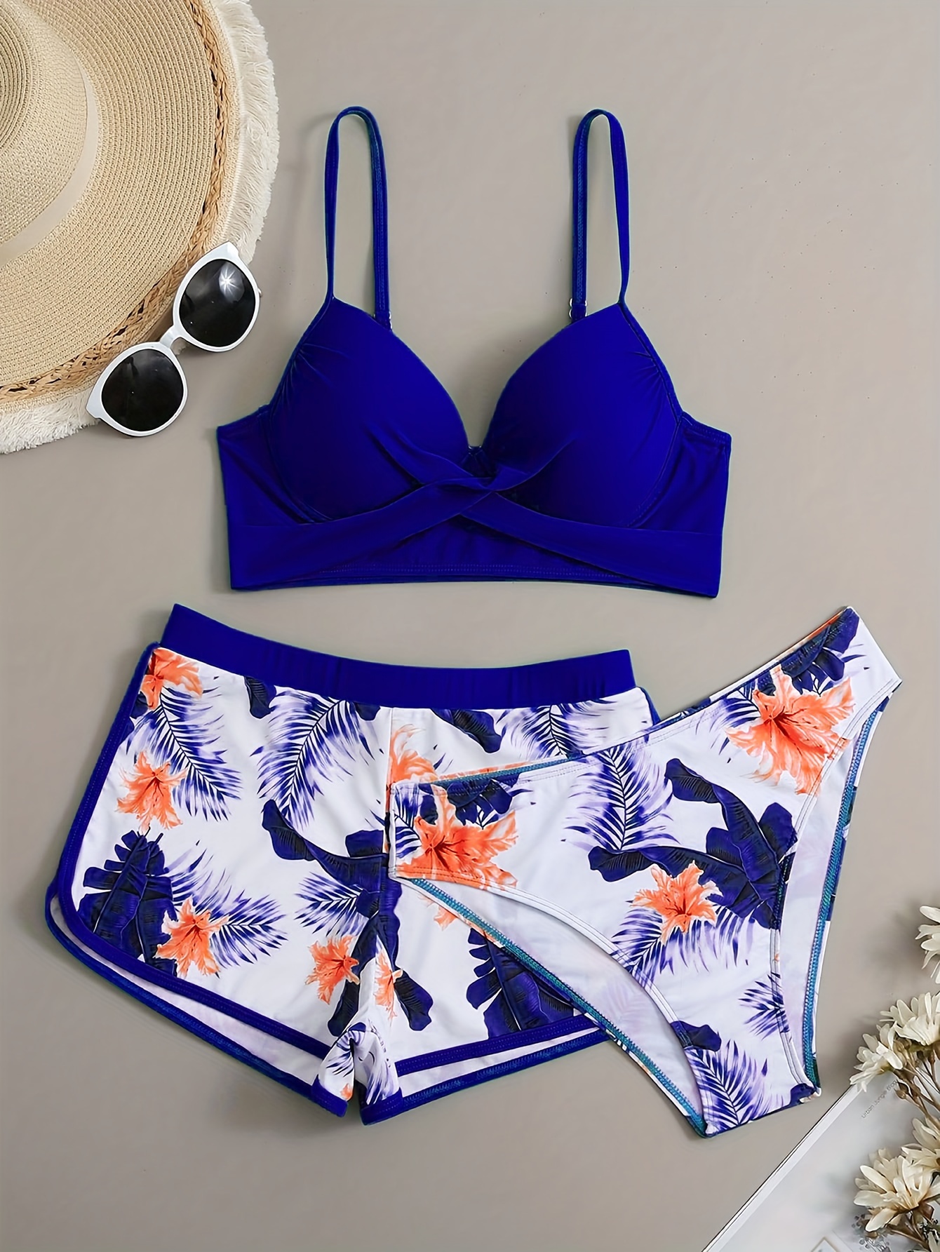 3 Piece Floral Leaf Print Stretchy Swimsuit Set - V-Neck Cross Strap Push Up Bikini with Boxer Shorts - High Stretch Polyester and Nylon Fabric, Machine Washable, Random Print, Knit Fabric, Comfortable Womens Swimwear for Summer