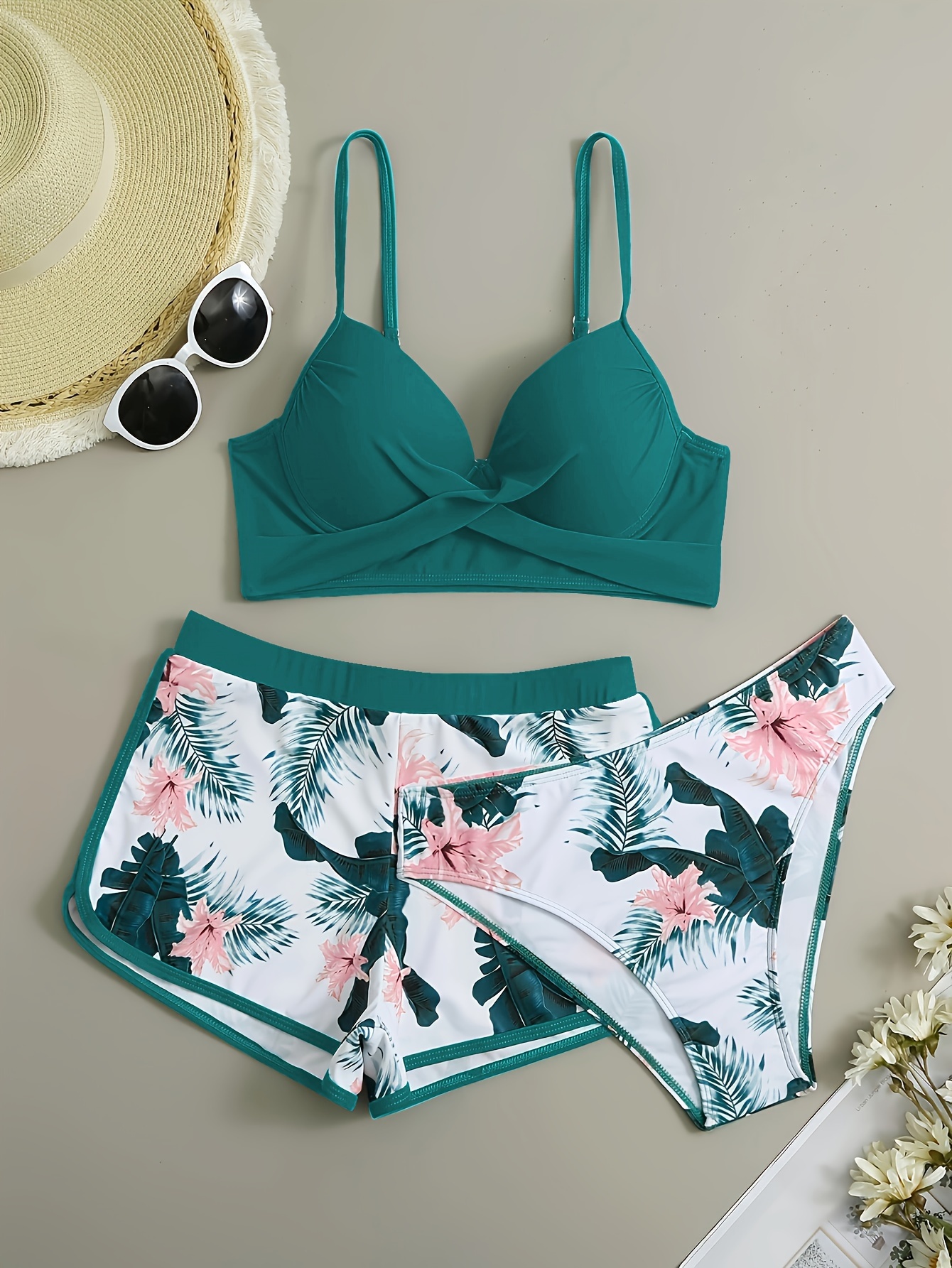 3 Piece Floral Leaf Print Stretchy Swimsuit Set - V-Neck Cross Strap Push Up Bikini with Boxer Shorts - High Stretch Polyester and Nylon Fabric, Machine Washable, Random Print, Knit Fabric, Comfortable Womens Swimwear for Summer