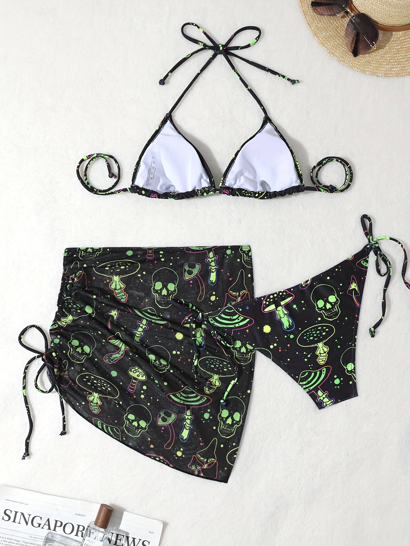 Chic Skull & Mushroom Print Halter Bikini Set - 3-Piece Swimwear Outfit with Adjustable Tie Skirt for Women