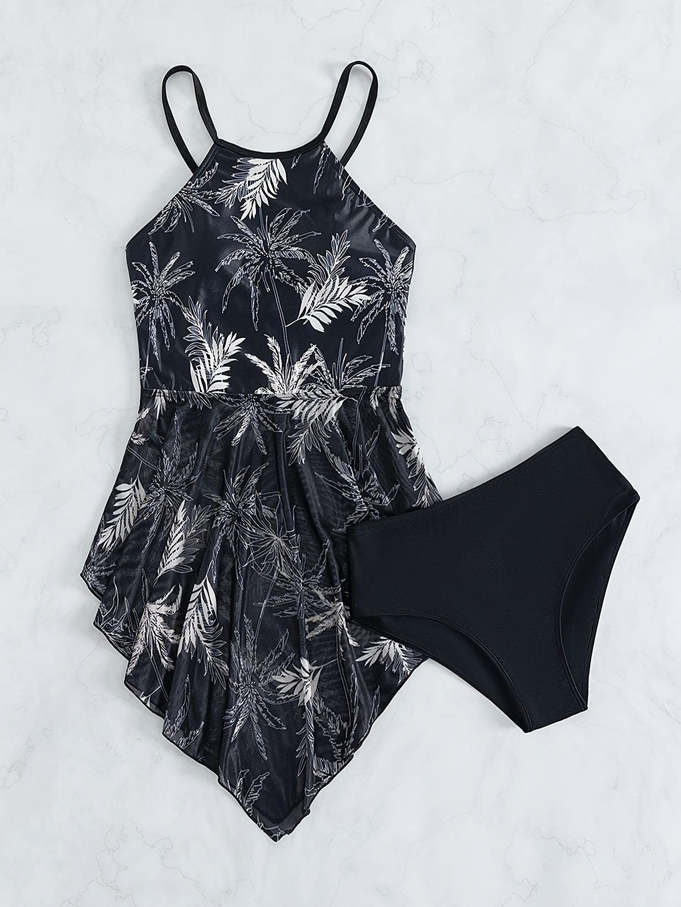 Chic Plant Pattern 2-Piece Tankini: Off-Shoulder, High-Stretch Fabric with Scallop Details & Flattering High-Cut