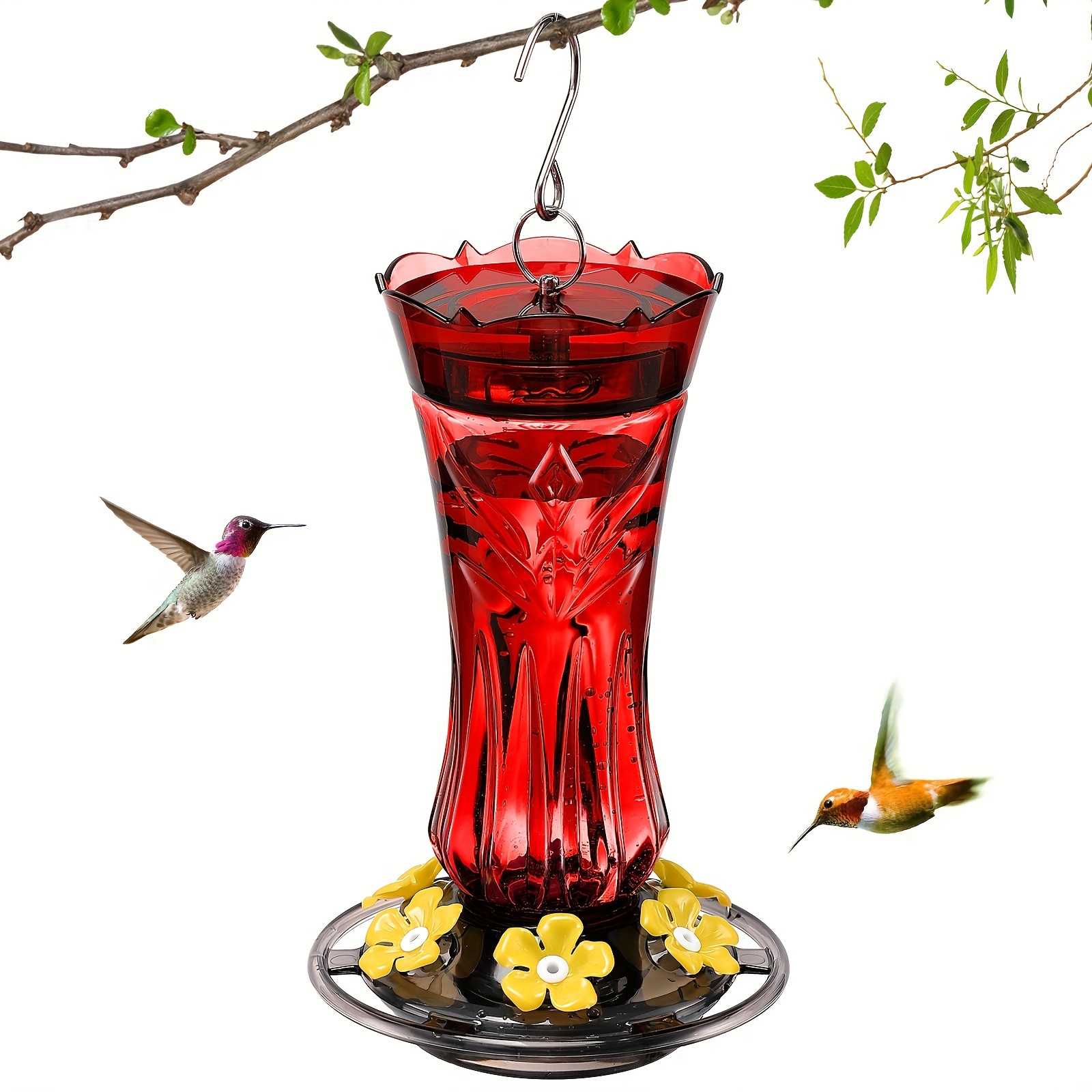 1pc Vibrant Red Hummingbird Feeder with Built-In Ant Moat - Weatherproof Plastic - Decorative Yellow Flower Accents for Garden Display