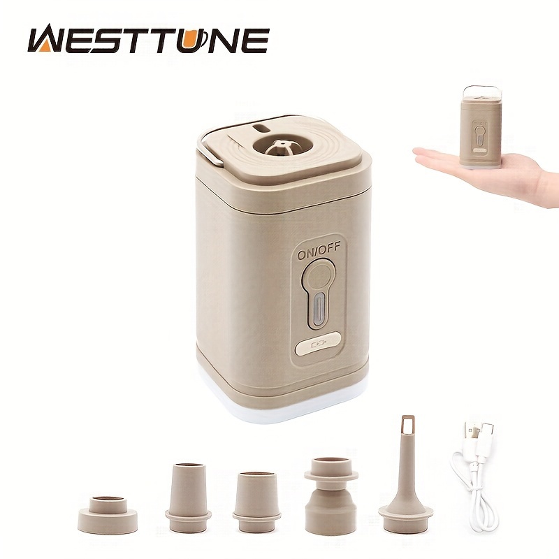 WEST TUNE Compact 3-in-1 Air Pump: Automatic Inflating/Deflating with LED Light, USB Rechargeable for Camping & Outdoors