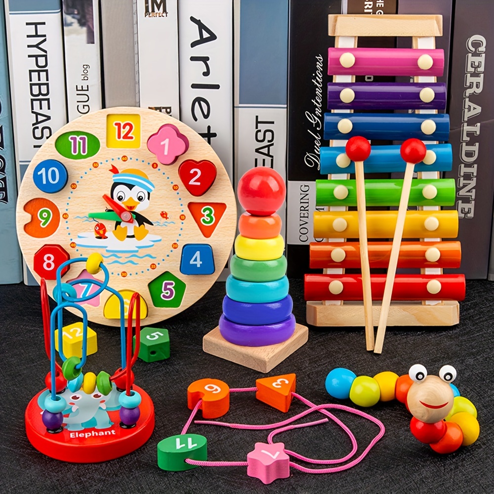 5-in-1 Montessori Nursery Wooden Eight Piano Set Gifts, Enlightenment Clock Toys, Caterpillar Shaped, Multifunctional Teaching Toys, Building Blocks Focus Exercise Toys