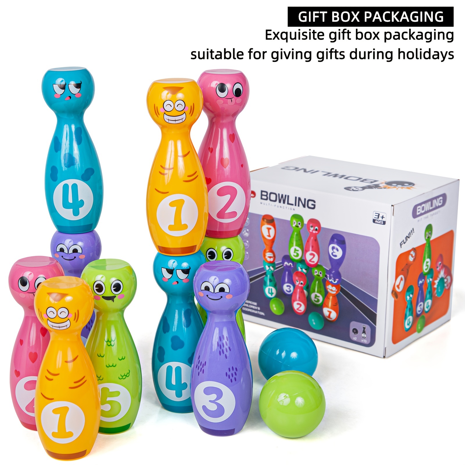 Children's Bowling Toy Set With Cartoon Fun Expressions And Exquisite Pad Printing Technology That Does Not Fade Or Paint Off The Gift Box Packaging 10 Bottles And 2 Balls