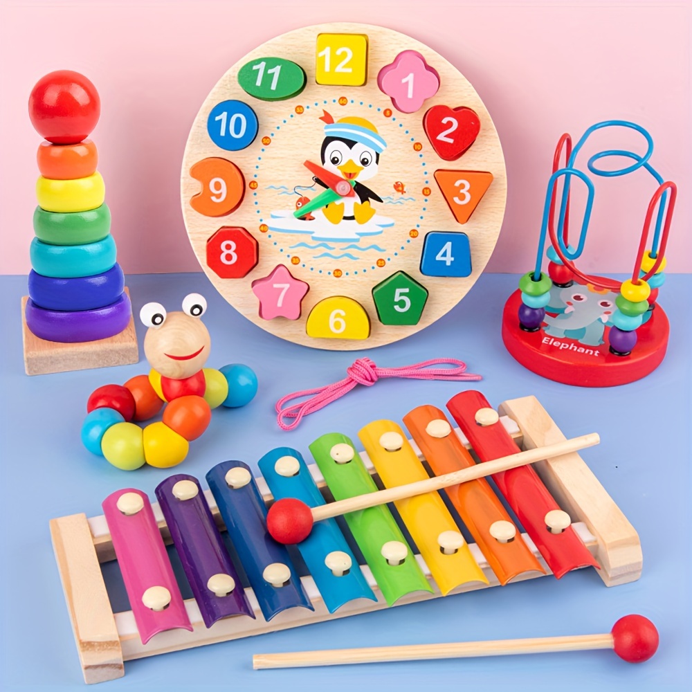 5-in-1 Montessori Nursery Wooden Eight Piano Set Gifts, Enlightenment Clock Toys, Caterpillar Shaped, Multifunctional Teaching Toys, Building Blocks Focus Exercise Toys