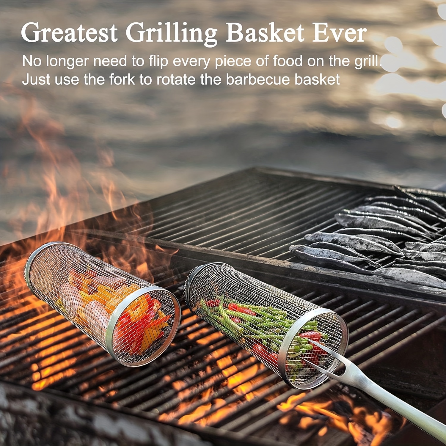 1/2pcs Stainless Steel BBQ Rolling Grill Basket - Large Capacity Round Grilled Cage for Vegetable, Fish, Fries - Portable Barbecue Cooking Grill Net for Outdoor Grilling, Camping, Picnic - Durable Metal Construction for Baking