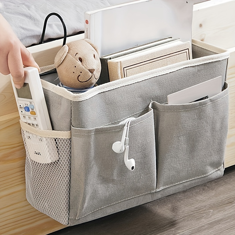 Dormitory Bedside Hanging Storage Bag, Cotton Linen Basket with Pockets, Student Bed Head Organizer, Door Cabinet Hanging Pouch for Dorm Room Essentials