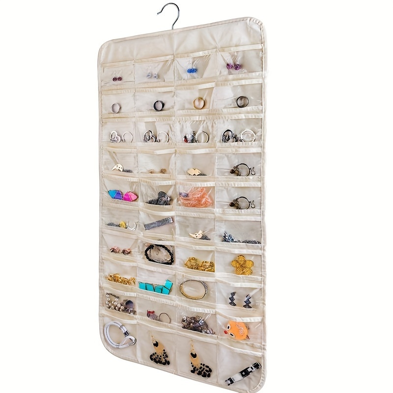 80pcs Double-Sided Wall Hanging Jewelry Organizer with Transparent Pockets - Beige, Portable and Convenient - 31 x 16.5 Inches