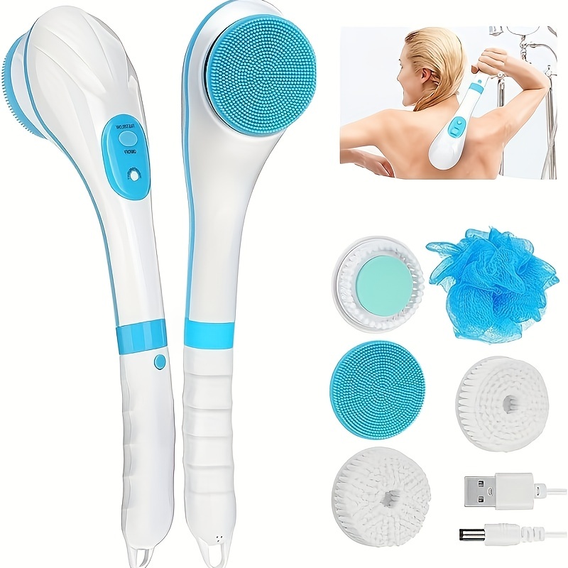 Baik17 Electric Silicone Body Scrubber, Rechargeable Back Brush Long Handle For Shower With 5 Body Bath Brush Heads Exfoliating Body Scrubber Back Scrubber For Shower For Men Women