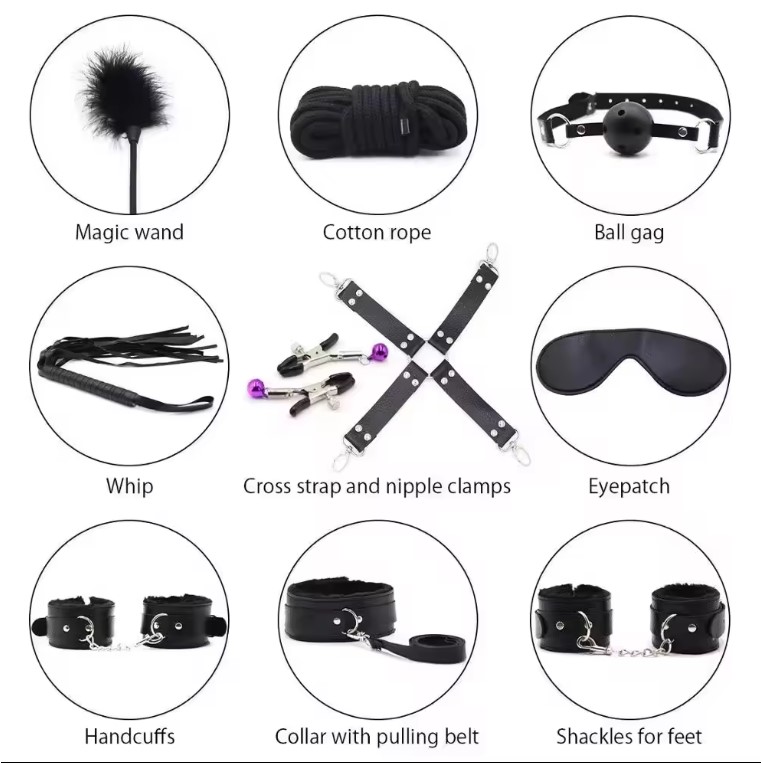 Hot Sex Toy Sexy Slave Leather Bed SM Fetish Bondage Kit 10pcs Fetish Handcuffs Bondage Restraints for Adult Bondage Set