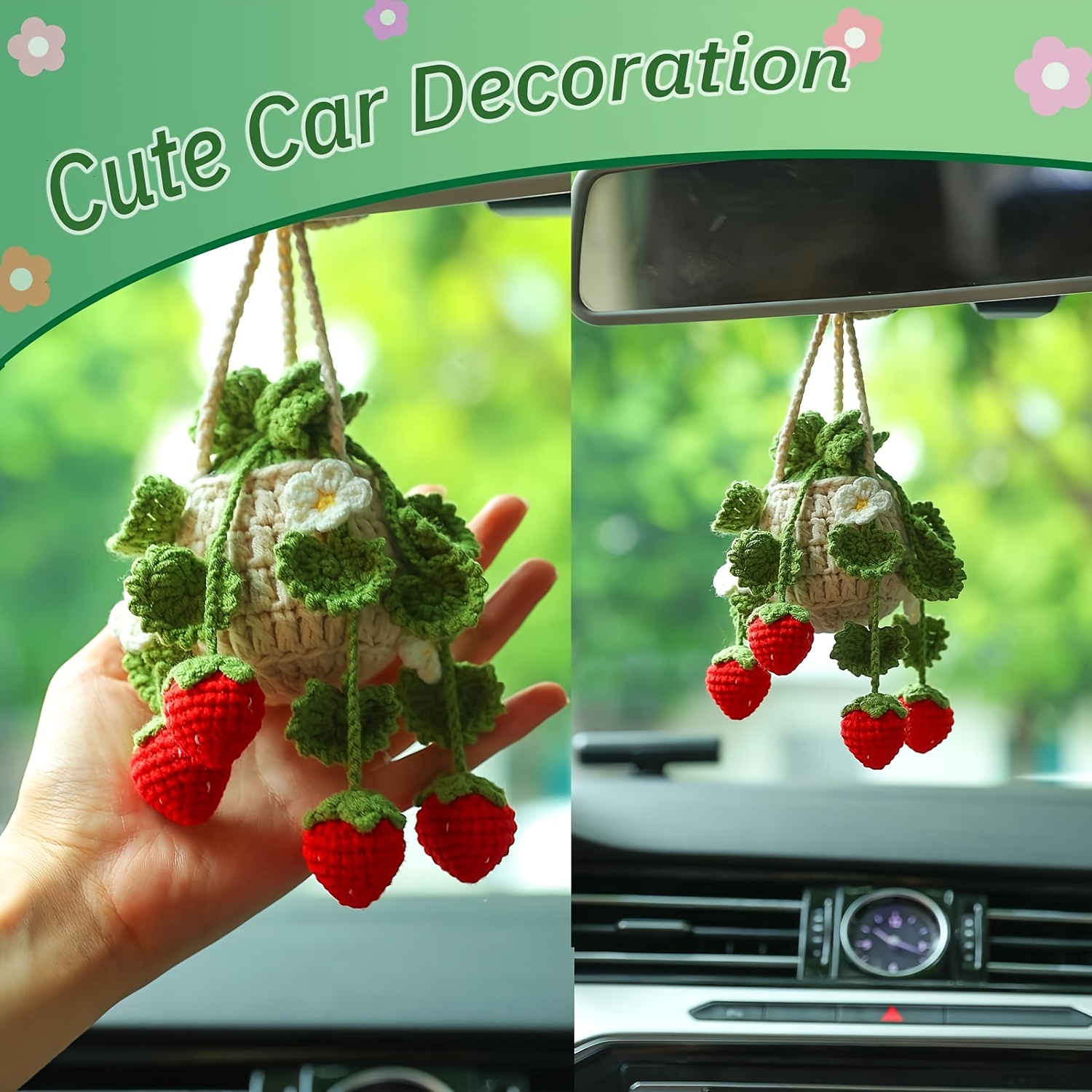 1pc Adorable Strawberry Car Pendant - Hand-Crocheted, Rearview Mirror Decorative Accessory with Cute Knitting Design, Creative Car Interior Decoration, Unique Gift Idea