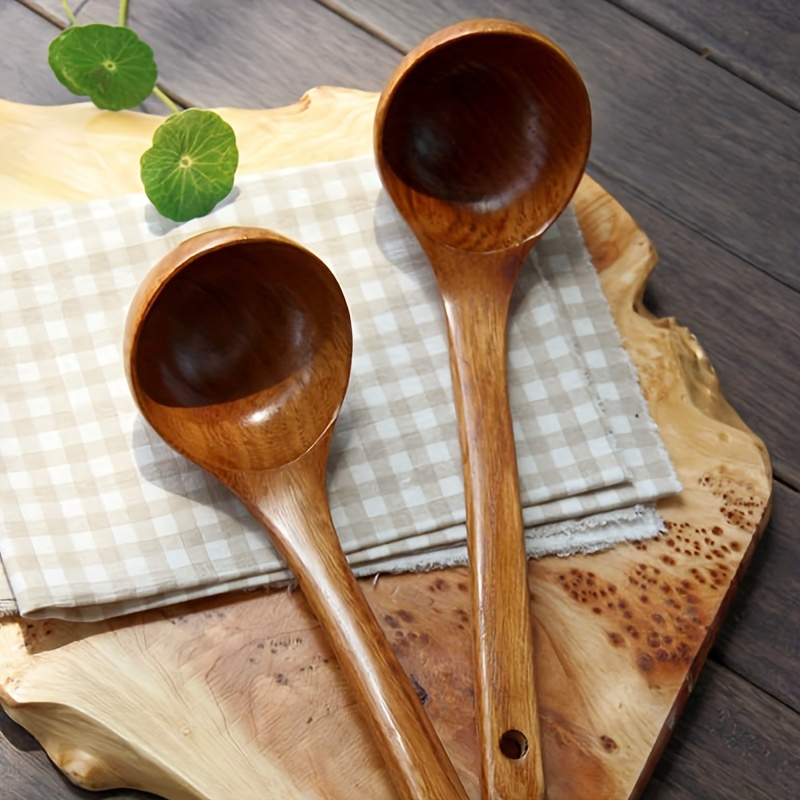 Premium Wooden Long-Handled Spoon Set - Nonstick, Perfect For Soup & Porridge - Ideal For Home And Restaurant Use