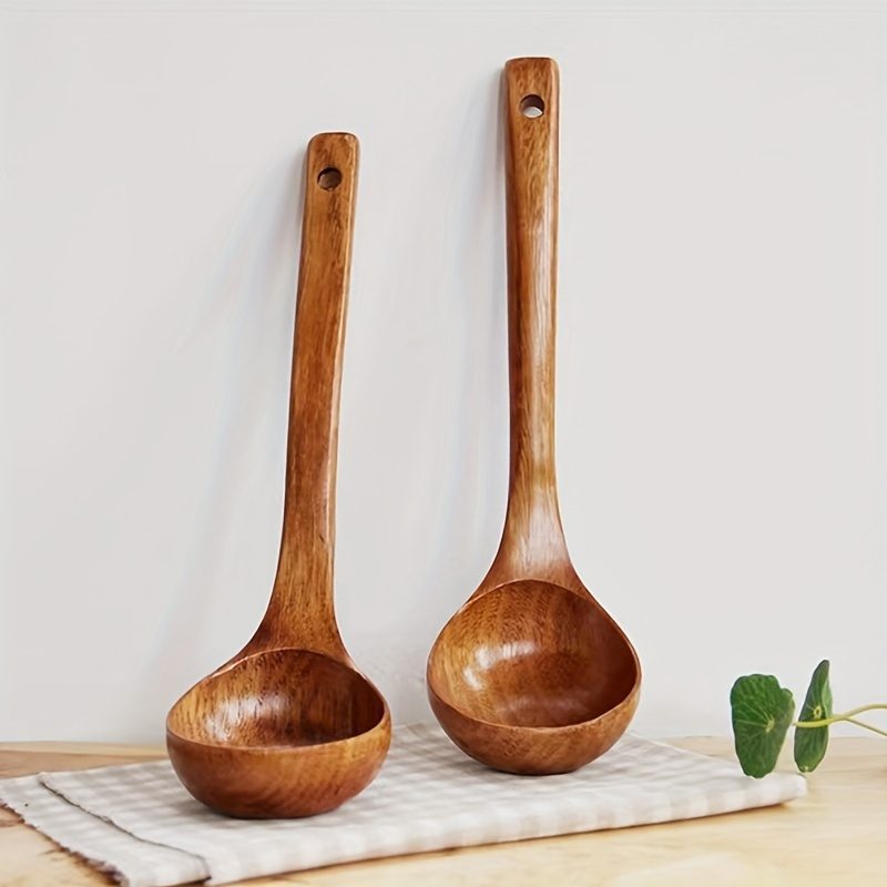 Premium Wooden Long-Handled Spoon Set - Nonstick, Perfect For Soup & Porridge - Ideal For Home And Restaurant Use