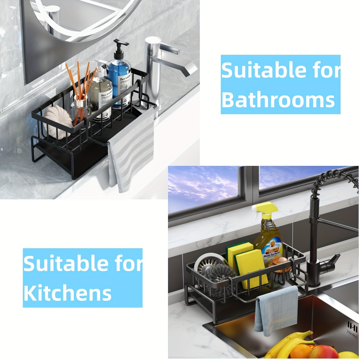 Kitchen Sink Organiser, Kitchen Sink Sponge Organiser, Rustproof 304 Stainless Steel Sponge Organiser, Bathroom and Kitchen Utensils Sponge Organiser